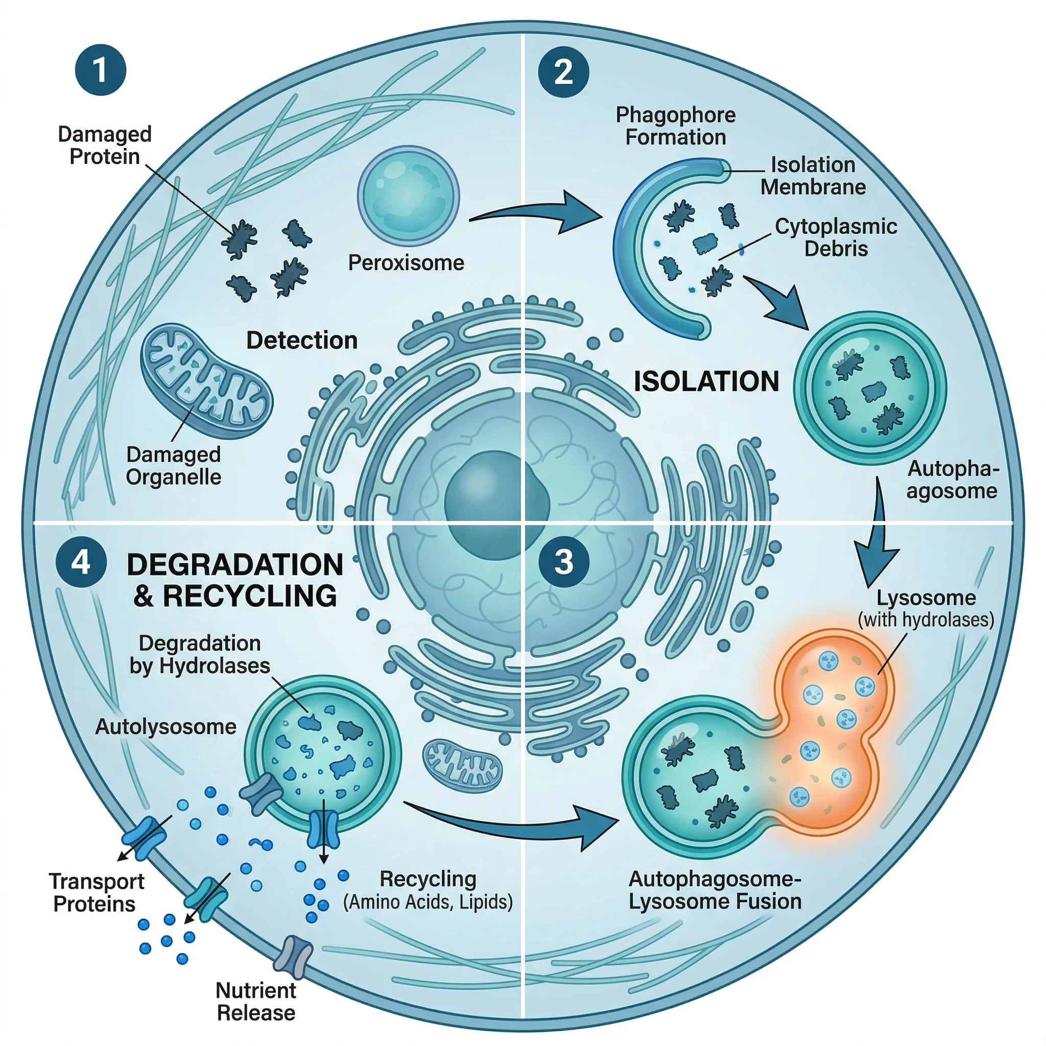 Infographic showing the cellular autophagy process from damage detection through lysosomal recycling