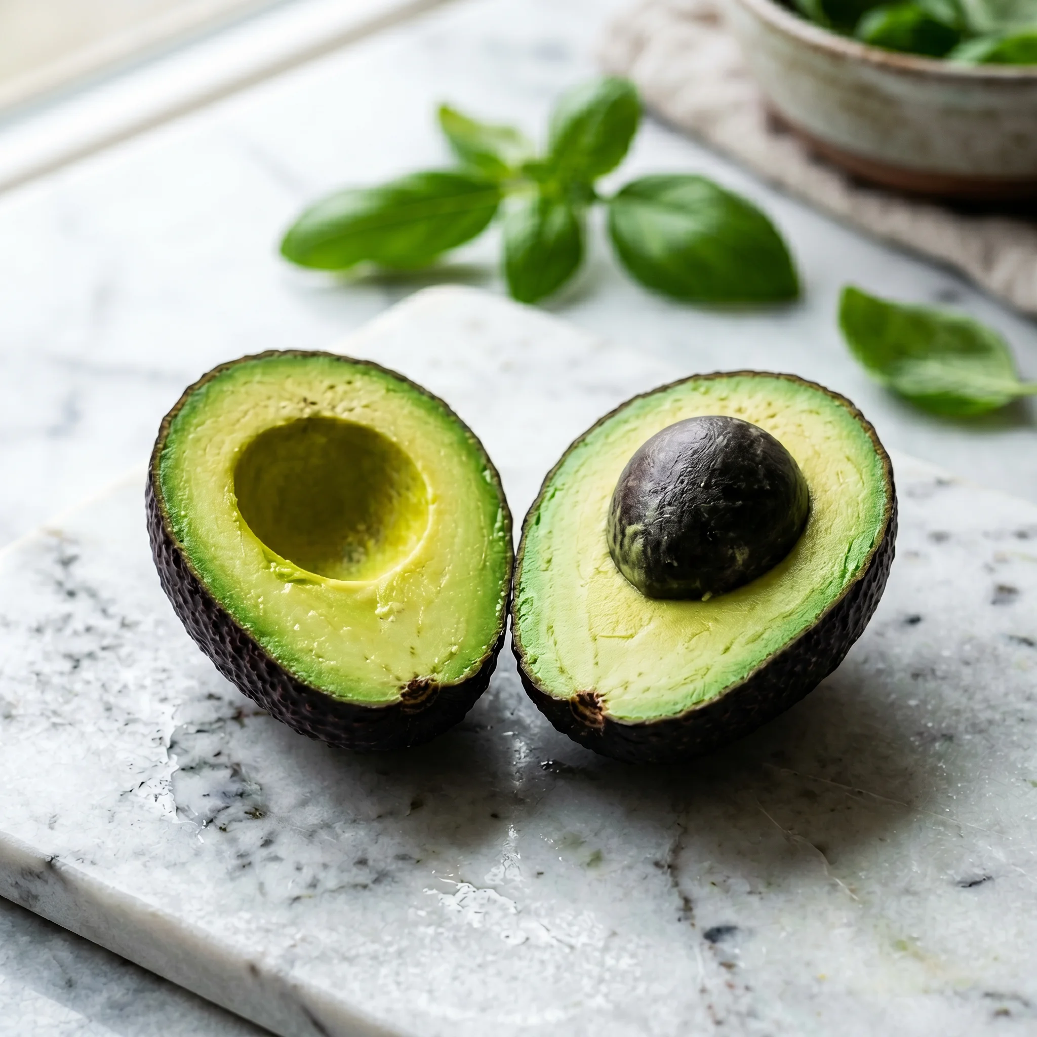 A halved Hass avocado on a marble surface
