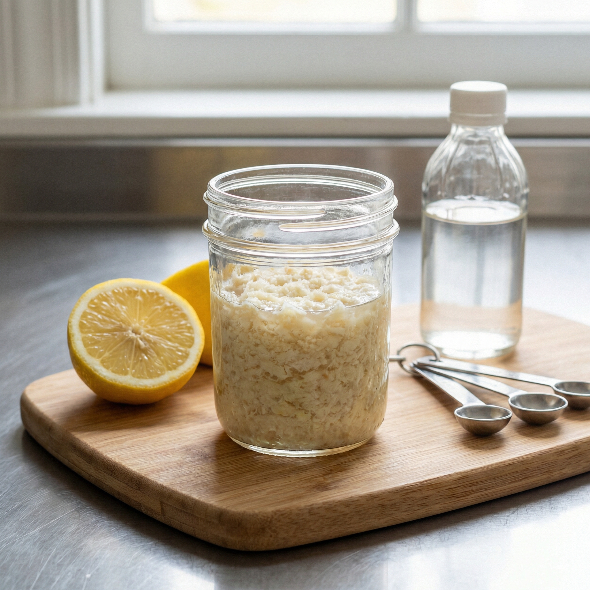 Jar of freshly grated horseradish with lemon, vinegar, and measuring spoons showing controlled preparation and portioning.