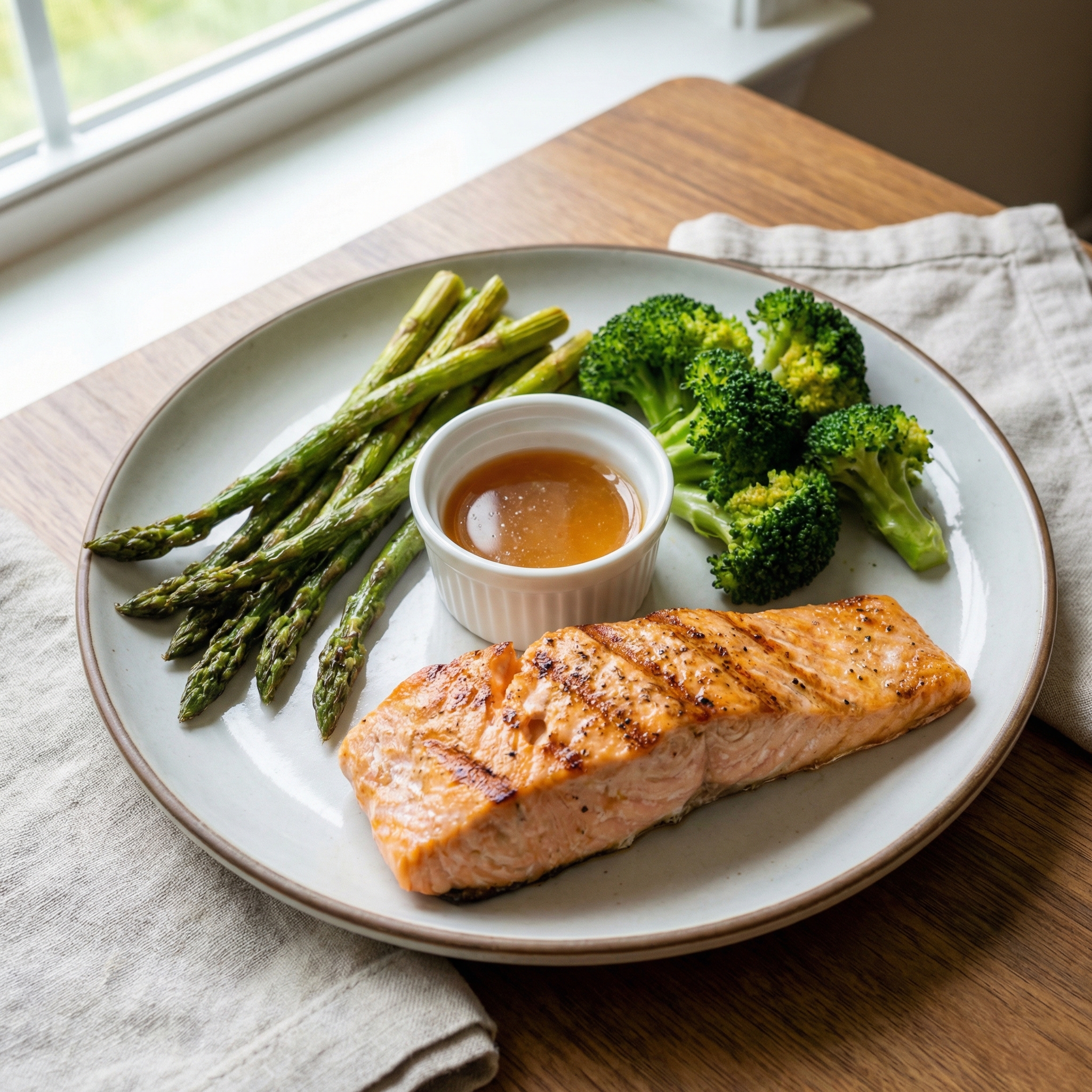 Balanced plate with vegetables and fish served with a small ramekin of apple cider vinegar dressing.