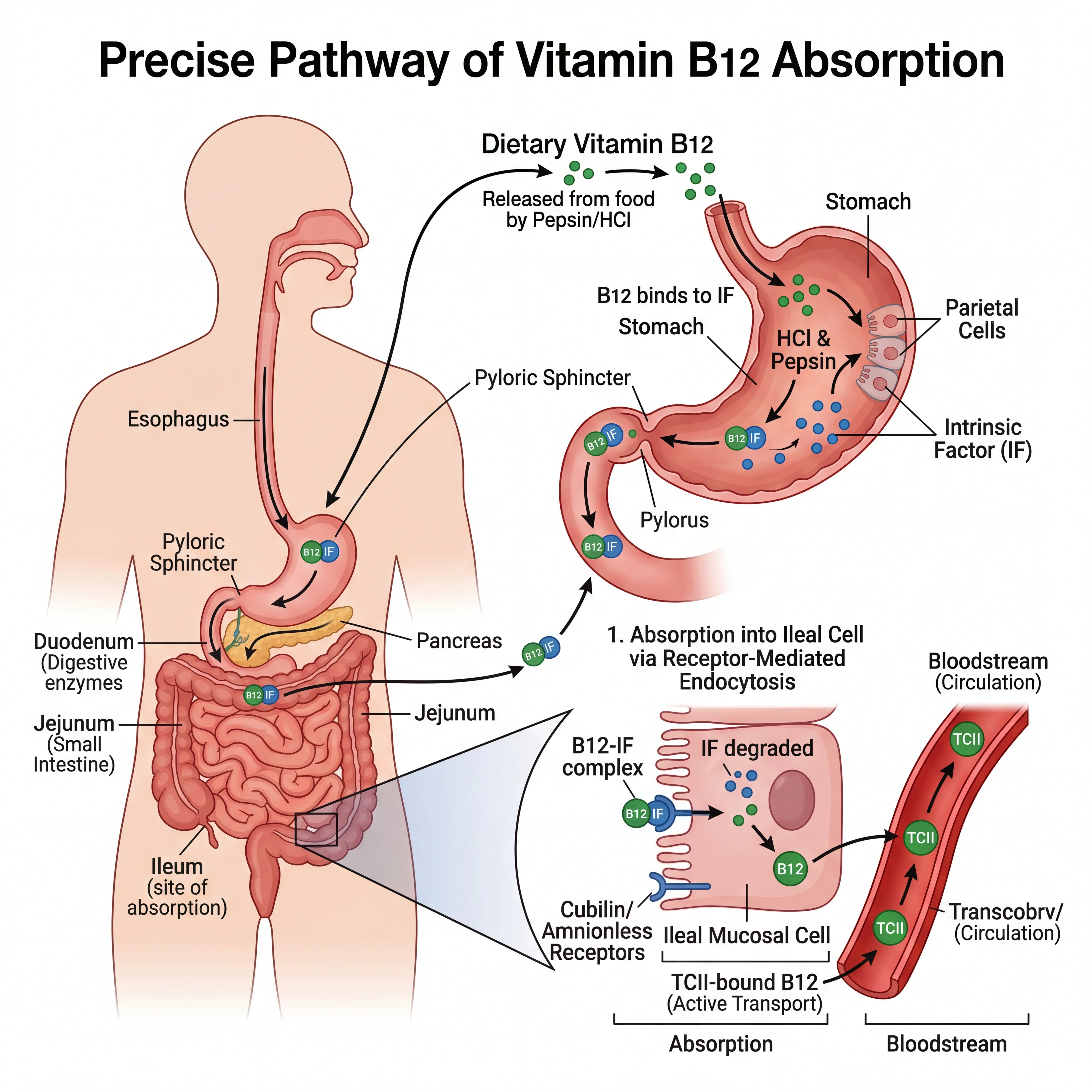 Illustrated diagram showing the path of vitamin B12 absorption from stomach through small intestine into the bloodstream
