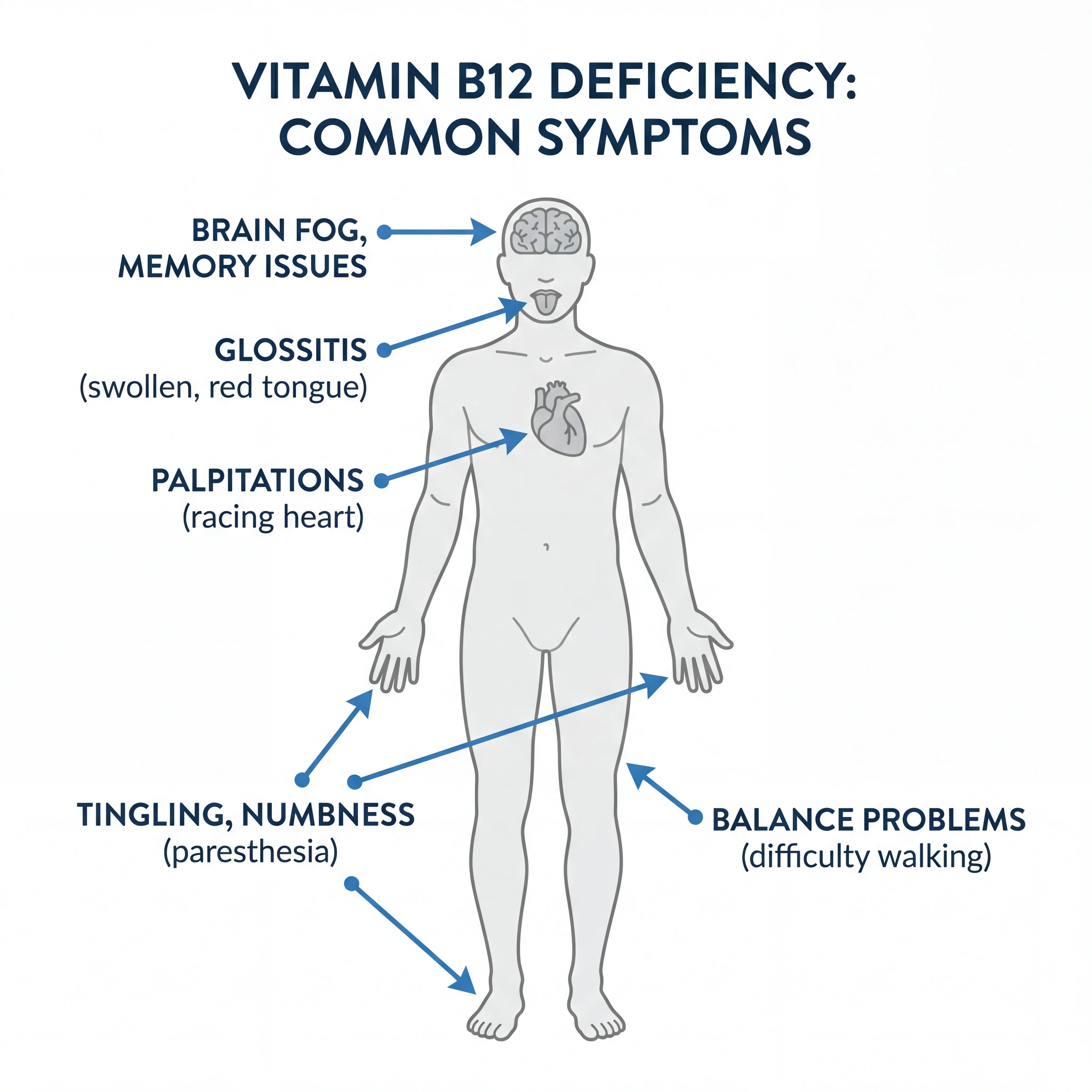 Body outline showing locations of common B12 deficiency symptoms including brain fog, glossitis, heart palpitations, tingling extremities, and balance problems