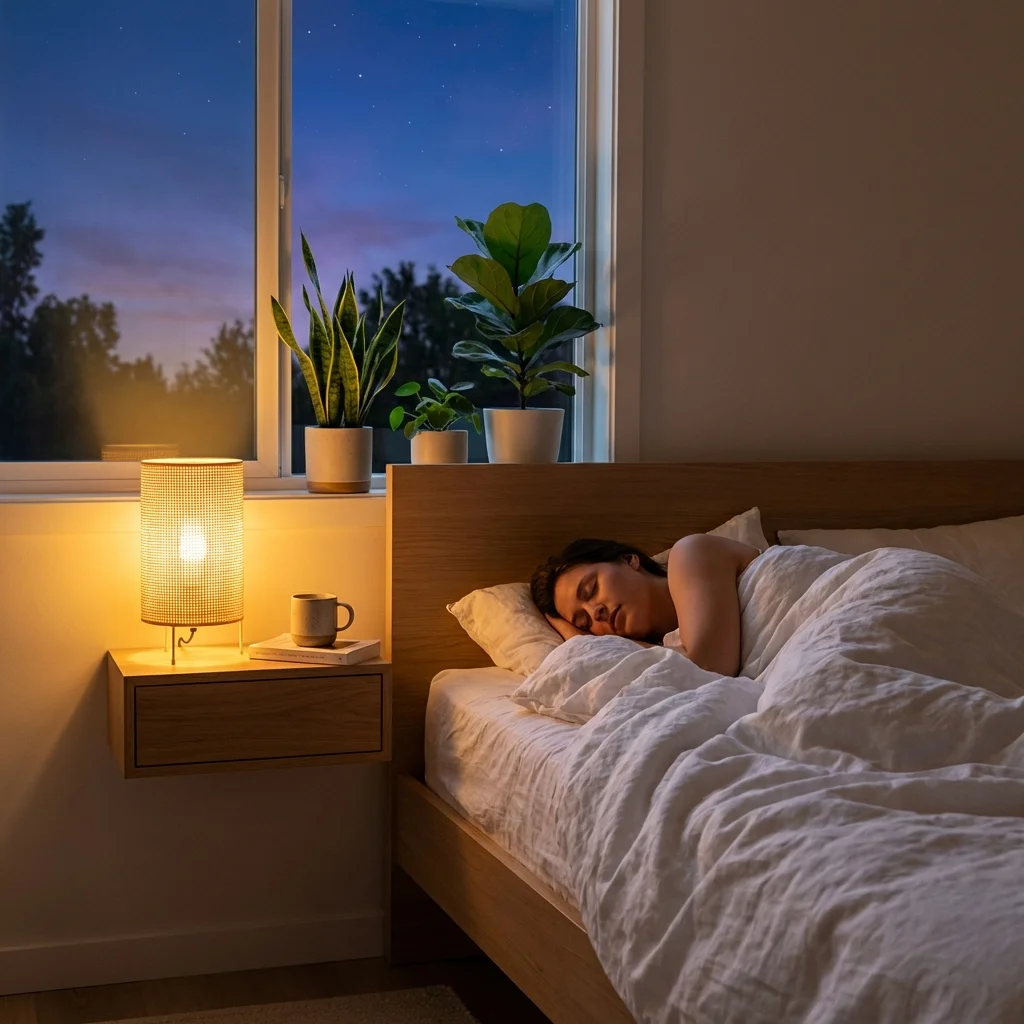 Peaceful bedroom with person sleeping under white linen sheets, warm amber bedside lamp