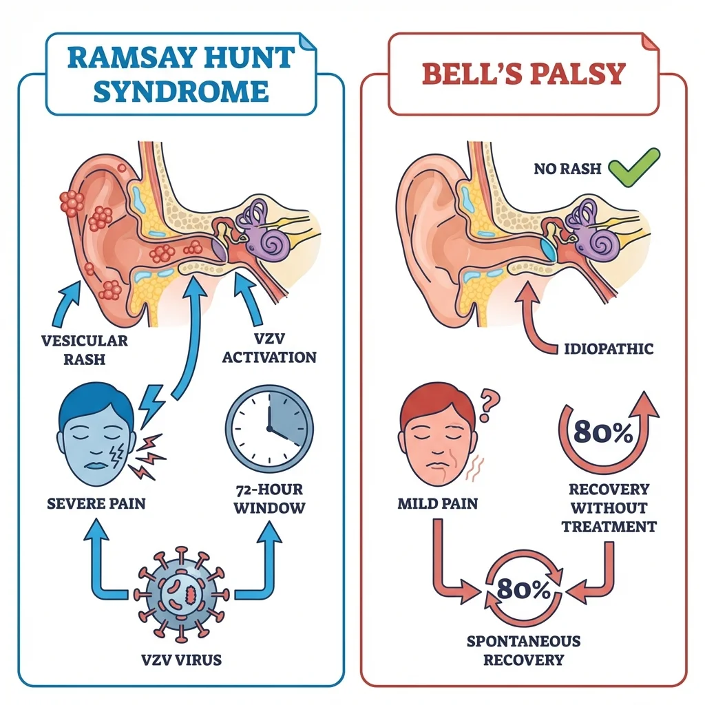 Split comparison diagram showing Ramsay Hunt syndrome diagnostic criteria versus Bell's palsy differences
