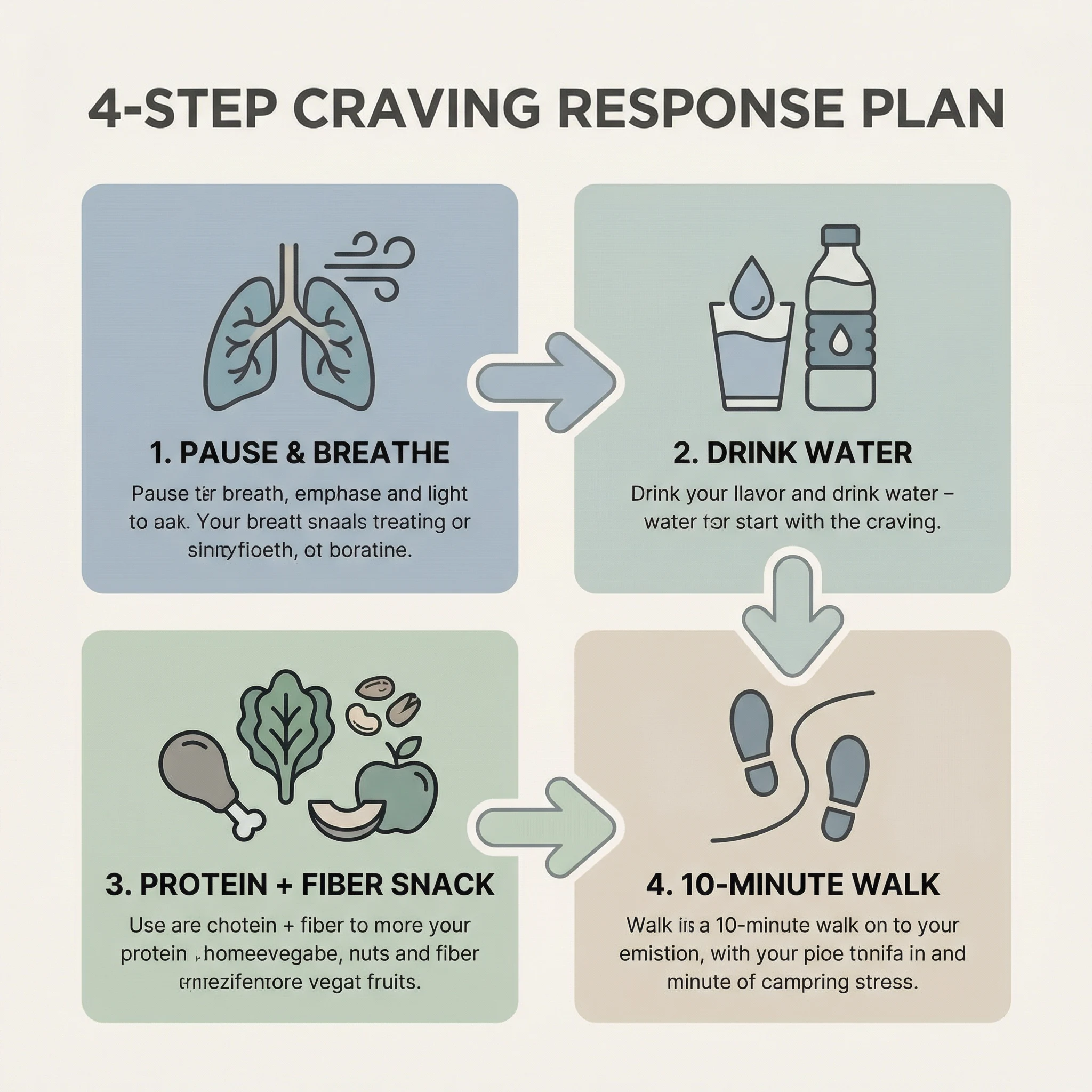 Infographic illustrating a four-step craving response routine: pause and breathe, hydrate, choose protein and fiber, then take a short walk