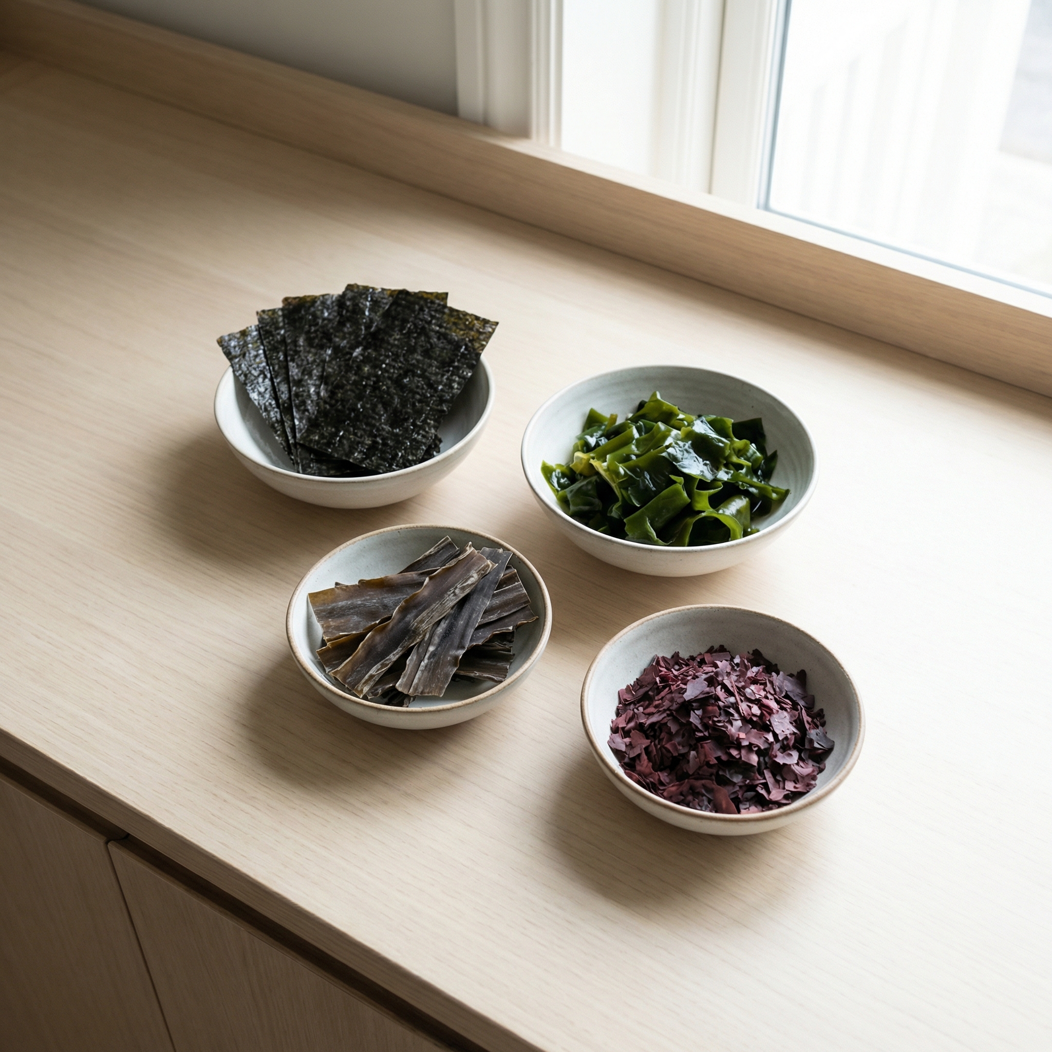 Four common edible seaweed types arranged in separate bowls for visual comparison.