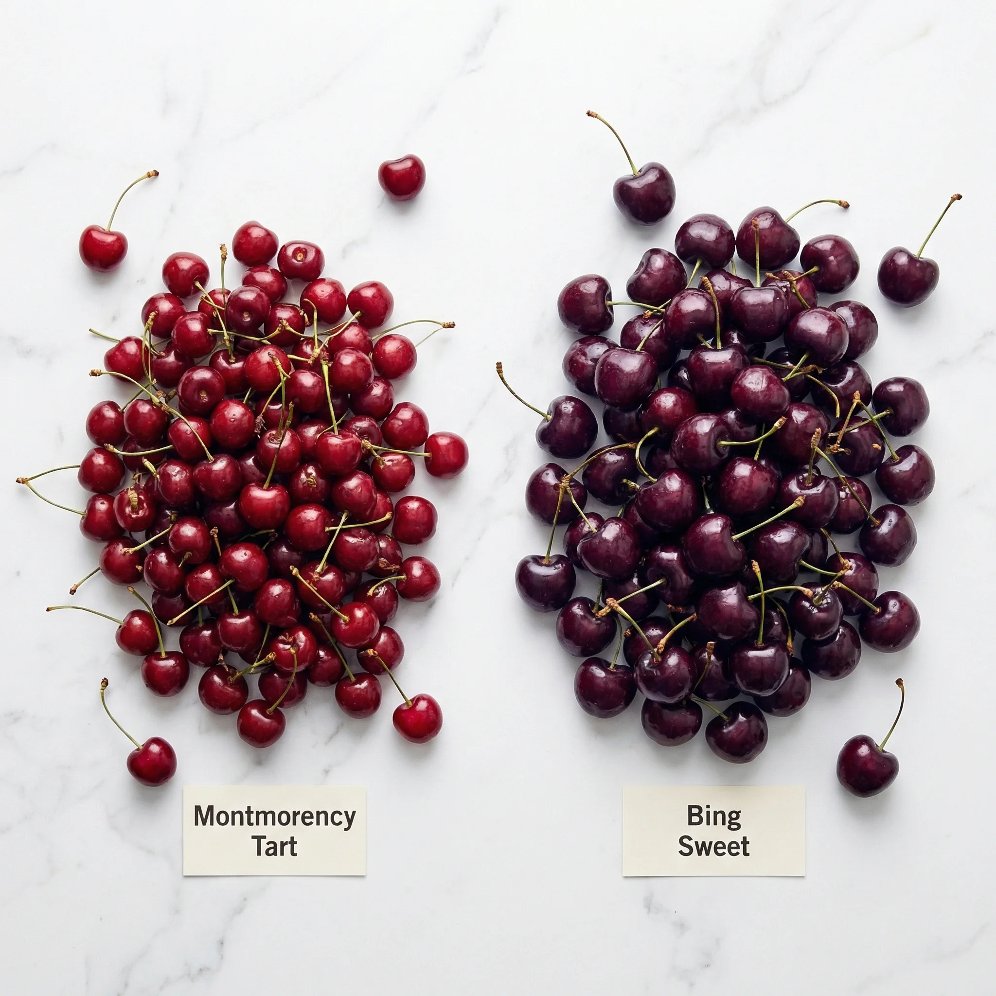 Side-by-side comparison of Montmorency tart cherries and Bing sweet cherries showing color and size differences
