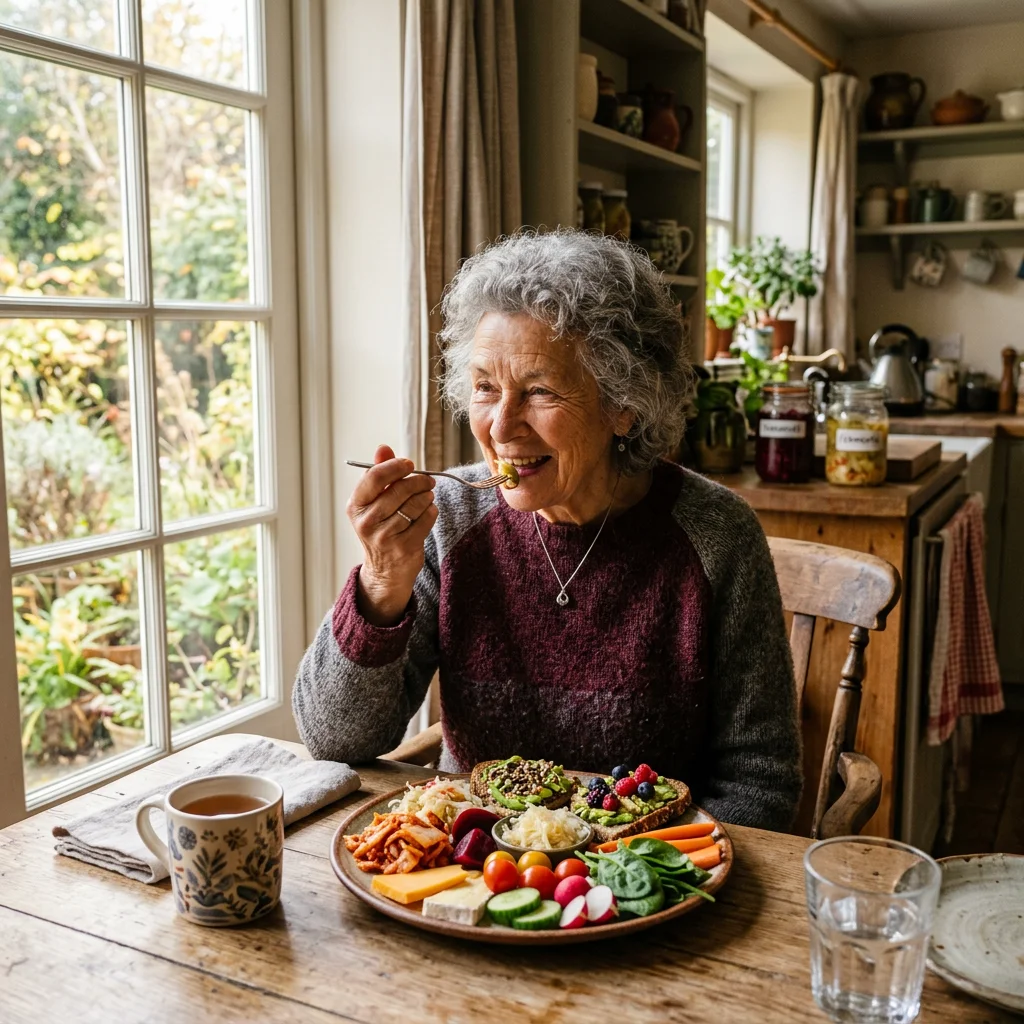 Elderly woman eating a bowl of fermented foods with cheese and vegetables