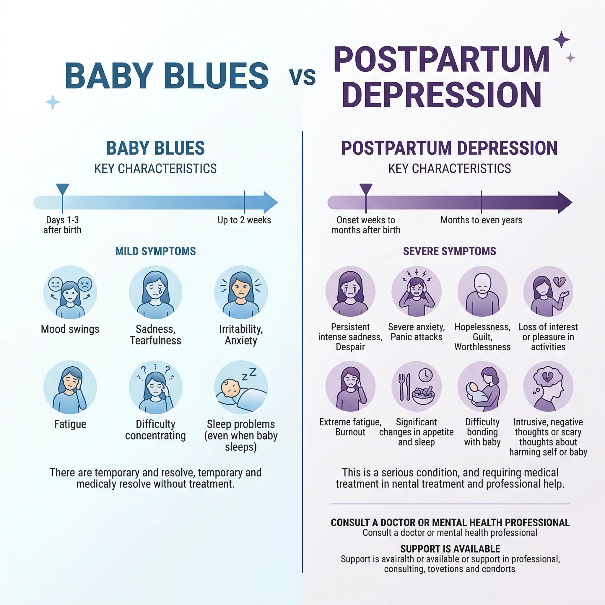 Side-by-side visual comparison of baby blues and postpartum depression symptoms and timelines