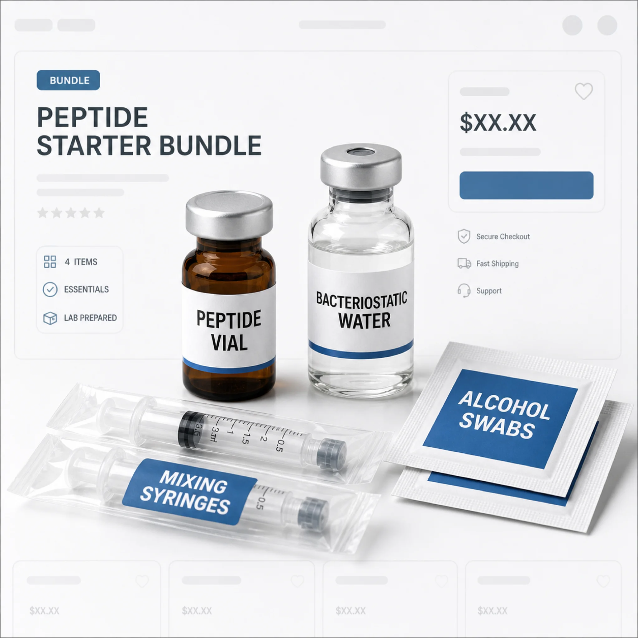 Peptide vendor bundle with bacteriostatic water and syringes alongside FDA warning letter overlay
