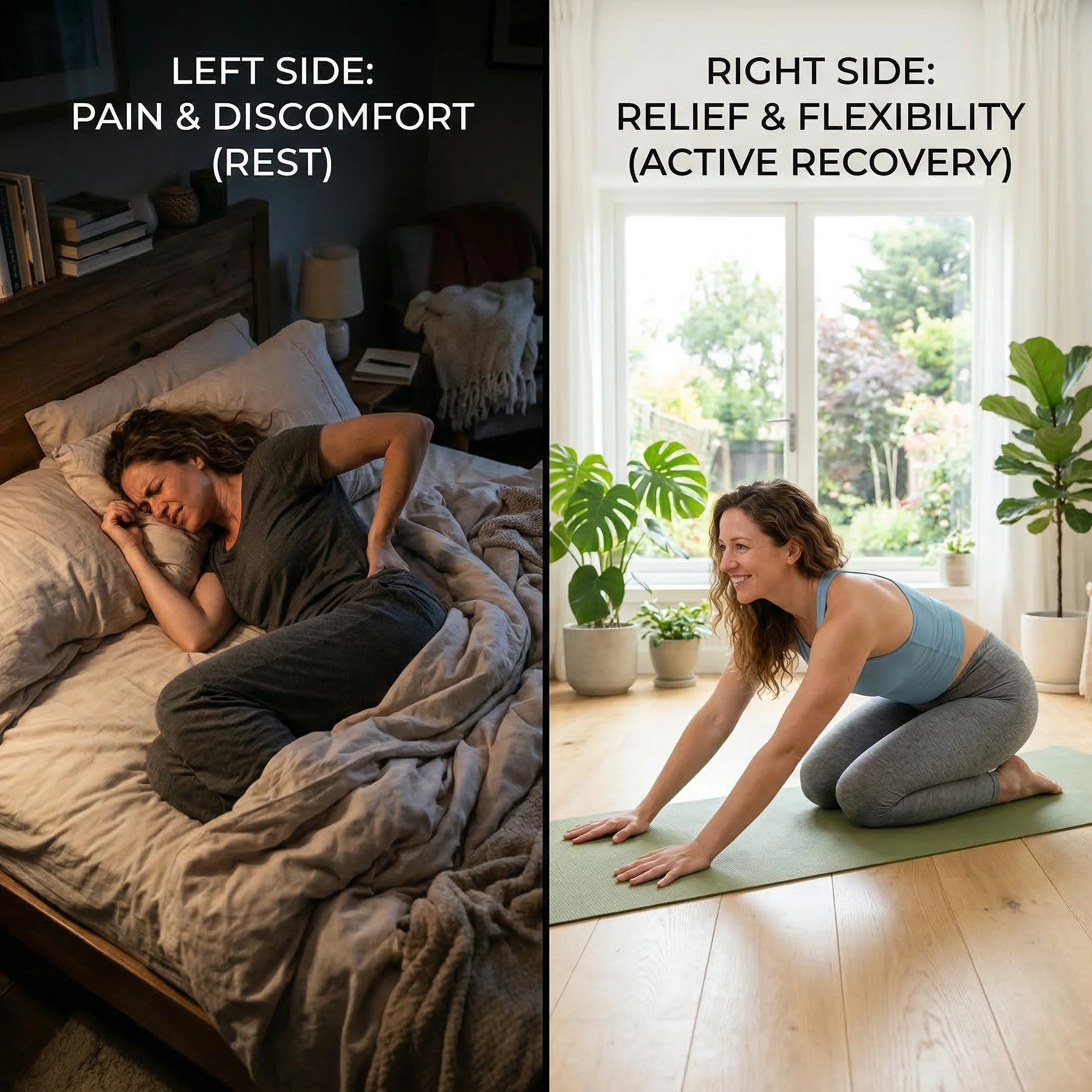 Split comparison showing a person resting in bed on one side and a person doing gentle stretches on the other, illustrating the myth of bed rest versus the reality of active recovery