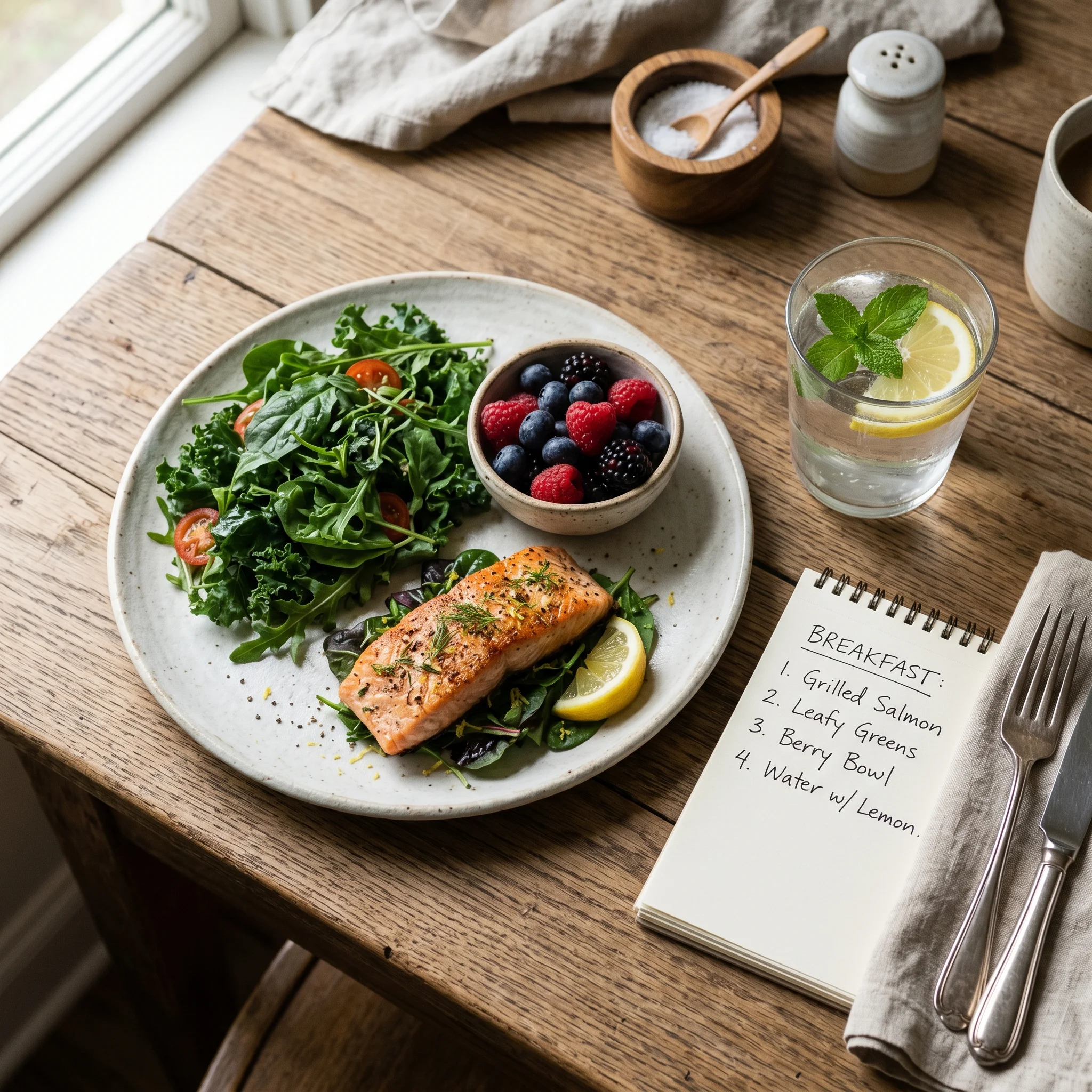 Modest balanced breakfast plate with salmon, greens, and berries — the dietary pattern that supports peptide-assisted weight loss