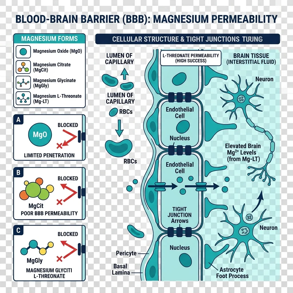 Infographic comparing how different magnesium forms interact with the blood-brain barrier