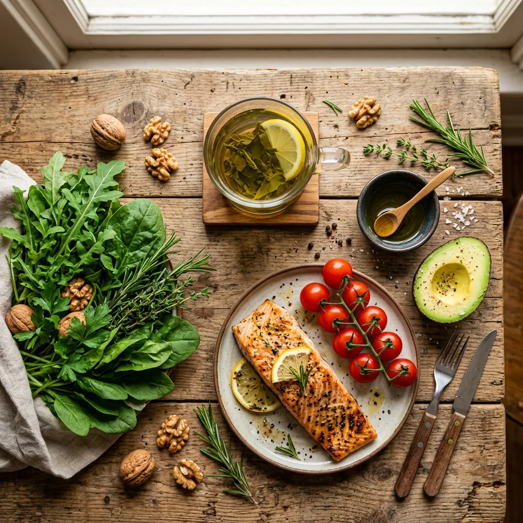 Overhead view of Mediterranean diet ingredients including olive oil, leafy greens, walnuts, fish, and green tea on a rustic wooden table