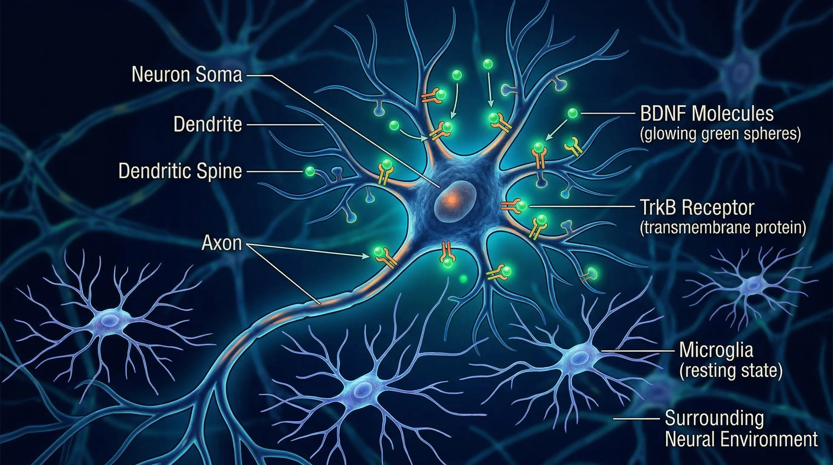 Neuron with BDNF molecules binding to receptors while microglia remain in resting state