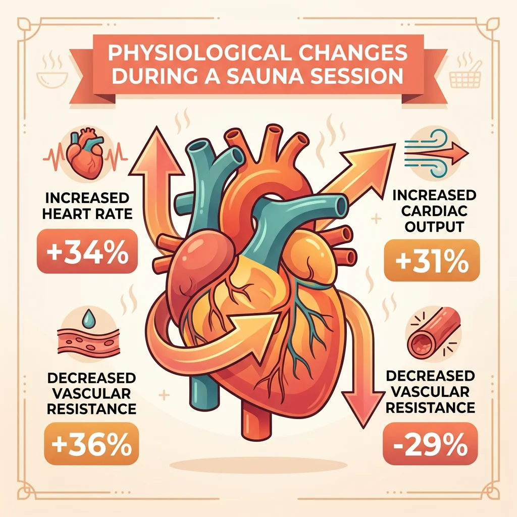 Infographic showing cardiovascular changes during a sauna session including heart rate, cardiac output, and vascular resistance