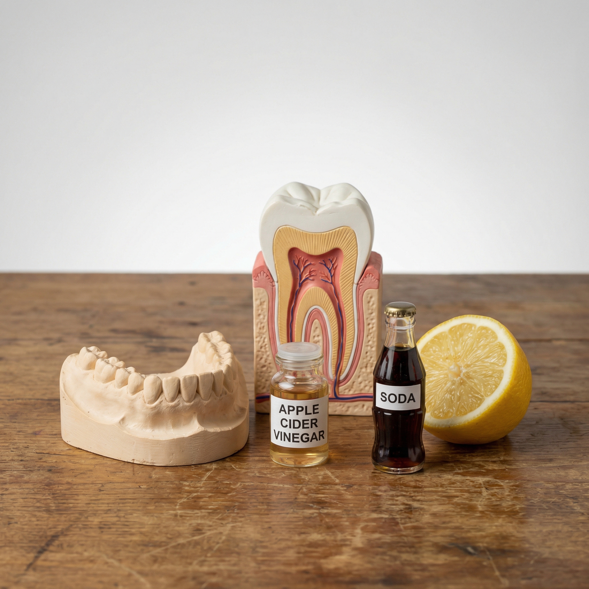 Dental model and acidic beverages illustrating why undiluted vinegar can irritate oral tissues.