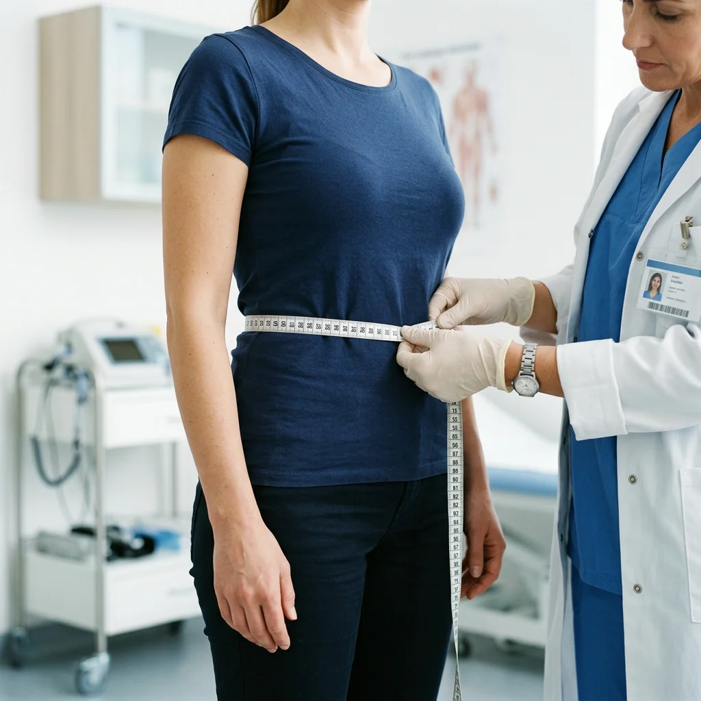 Person measuring their waist circumference with a flexible tape measure in a clinical setting