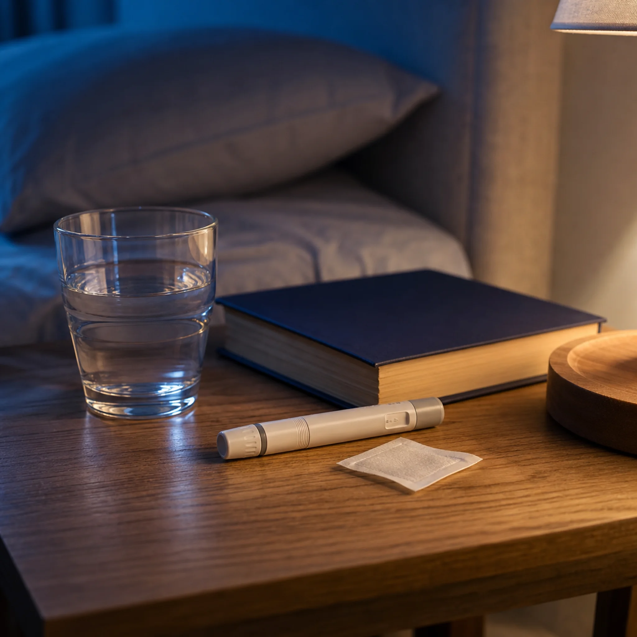 Subcutaneous injection pen and alcohol swab arranged on a wooden nightstand under a warm bedside lamp