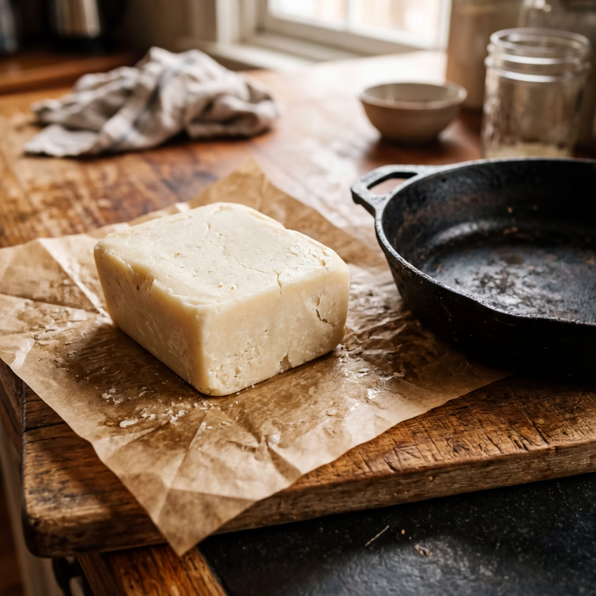 A block of creamy white rendered beef tallow next to a cast iron skillet on a wooden surface
