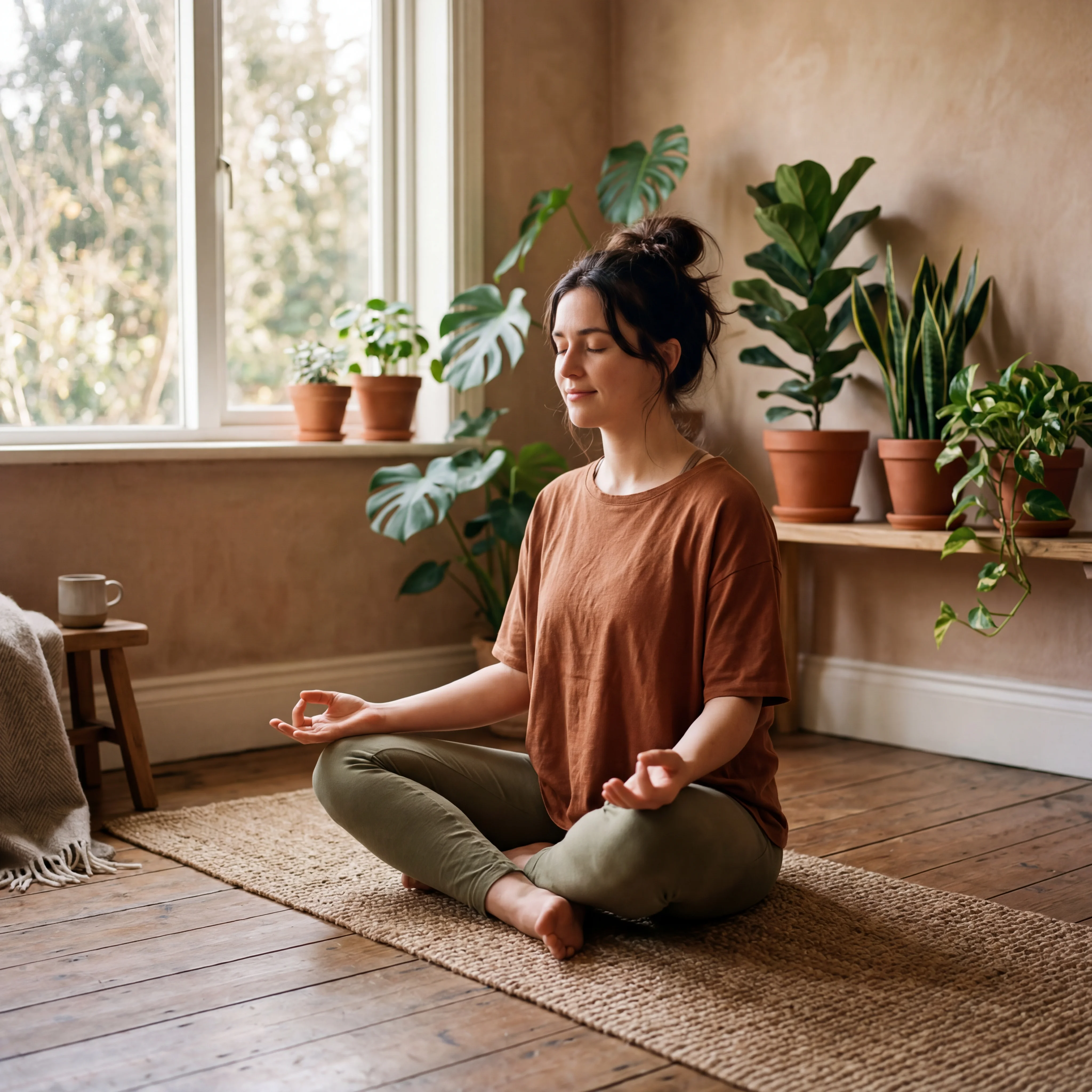 Group of adults in a beginner yoga class practicing mountain pose with an instructor providing alignment cues