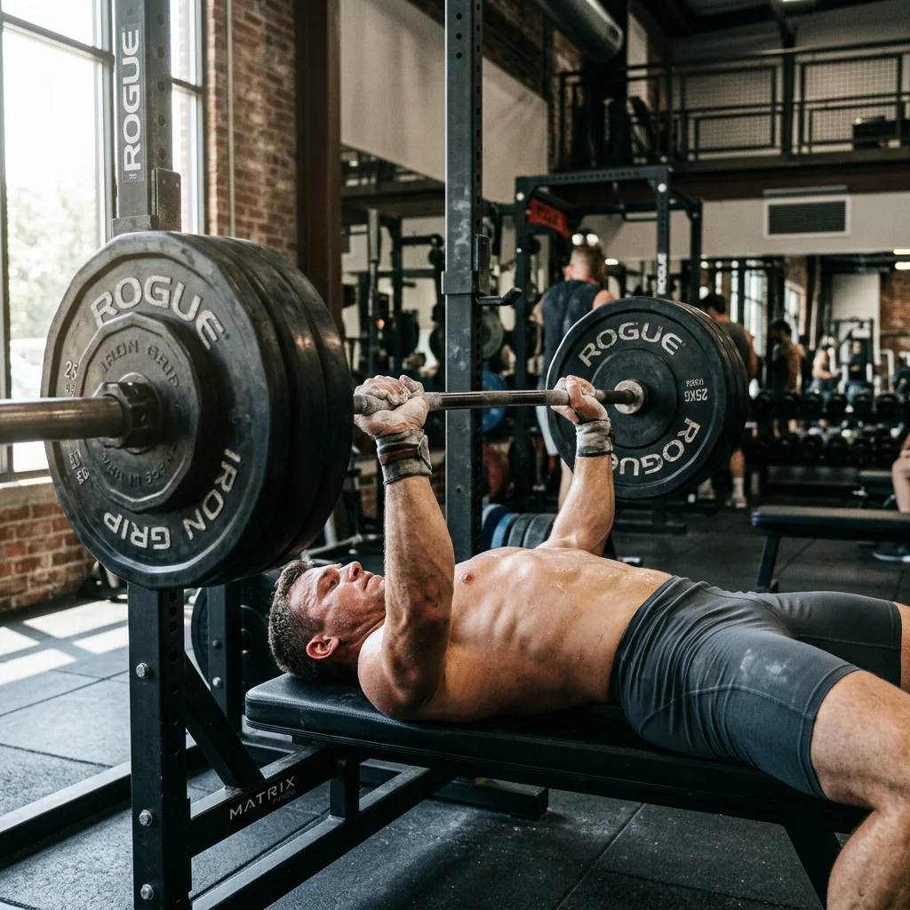 Athlete performing barbell bench press in a well-lit gym with weight plates visible
