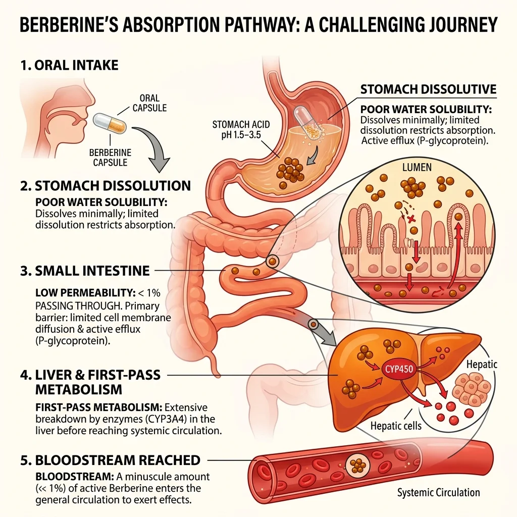 Infographic showing berberine's poor absorption pathway through the digestive system with less than 1 percent reaching the bloodstream