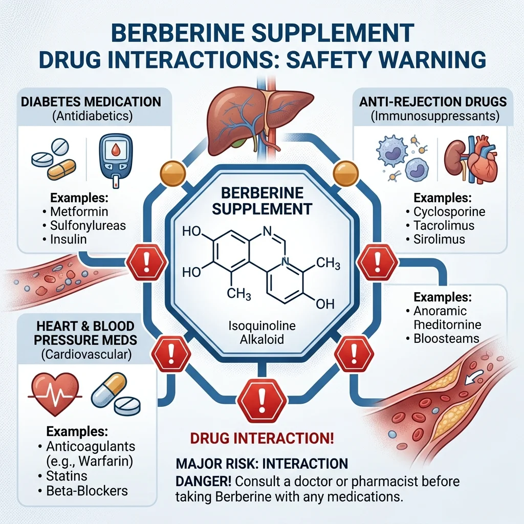 Medical illustration showing berberine's drug interaction pathways with various medication categories