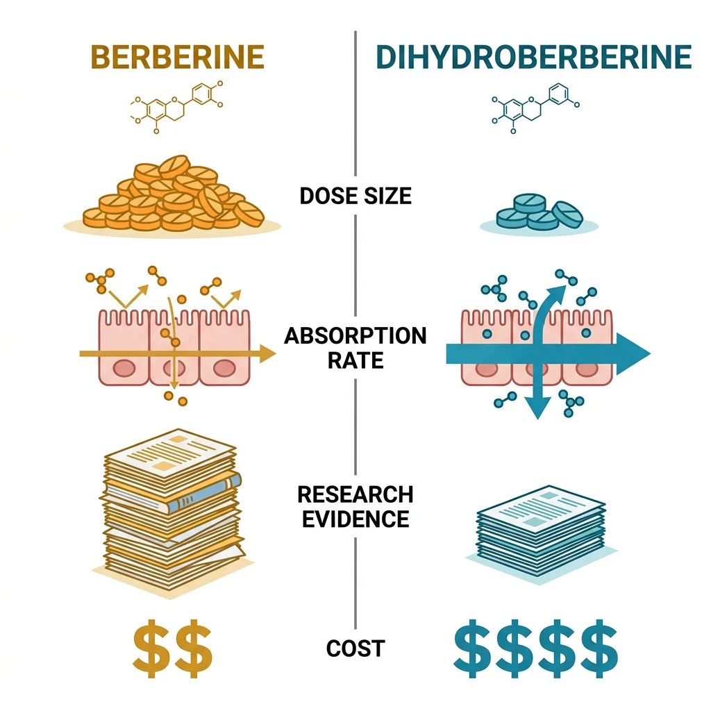 Visual comparison of berberine versus dihydroberberine across dose, absorption, research evidence, and cost