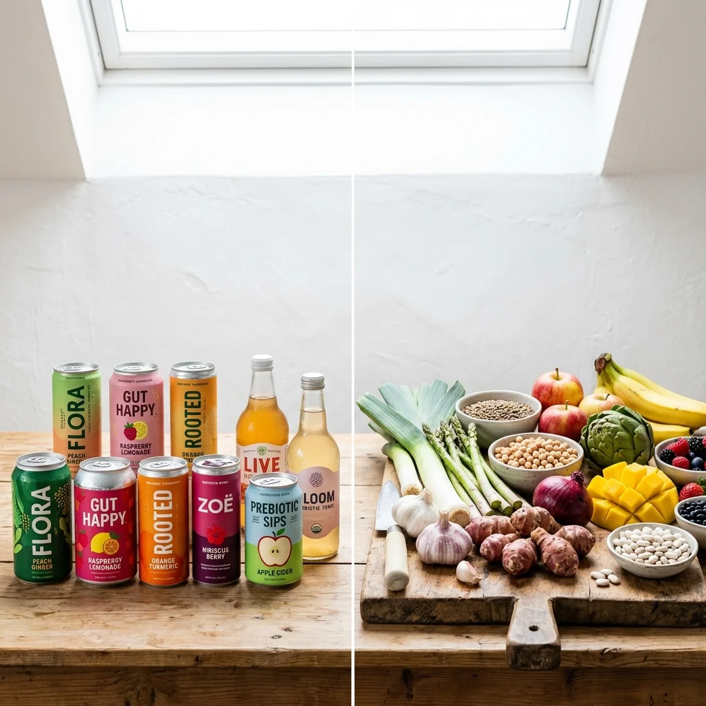 Split composition comparing functional beverage products on the left with whole food prebiotic sources like vegetables, fruits, and legumes on the right
