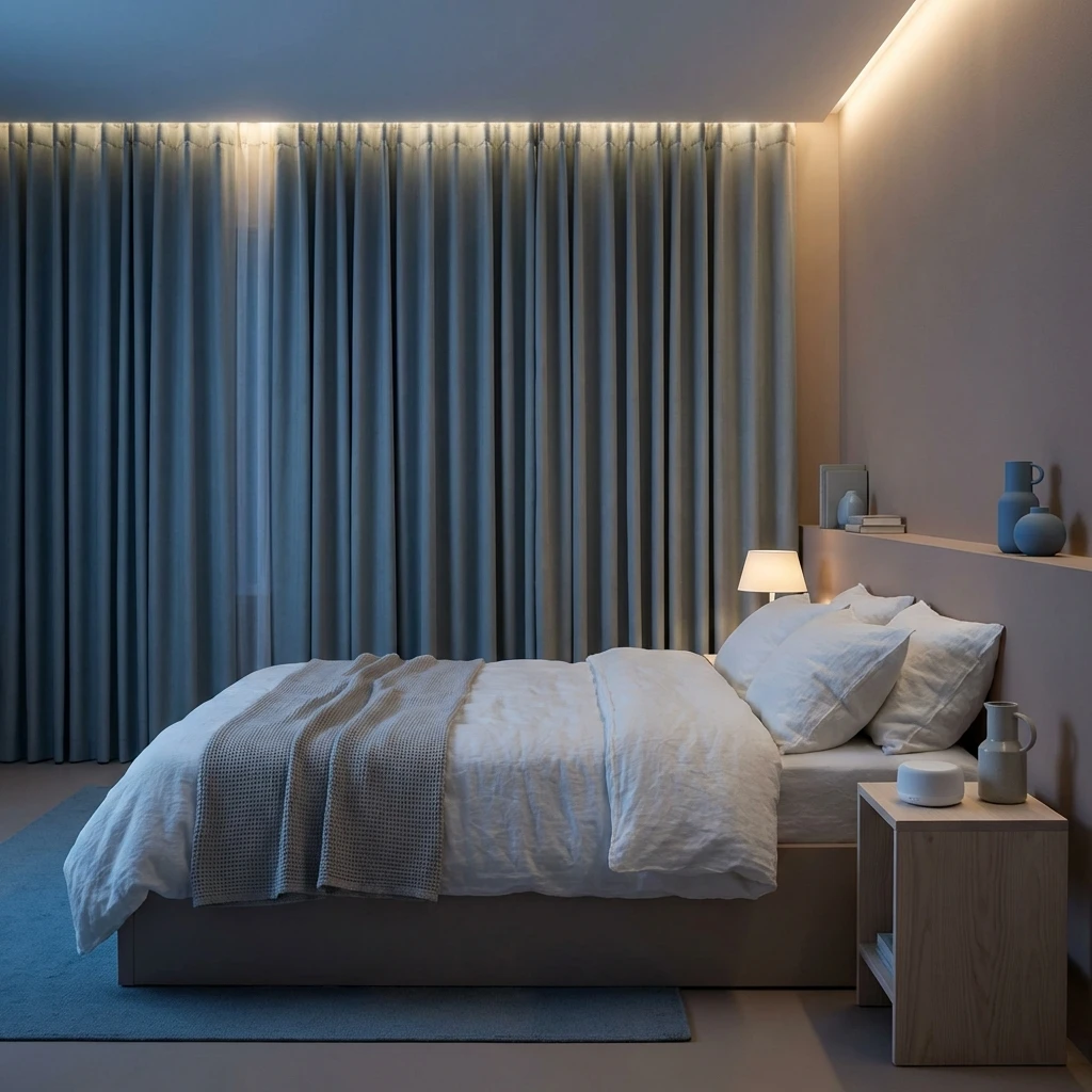 Minimalist modern bedroom optimized for sleep with blackout curtains, dim ambient lighting, and a white noise machine