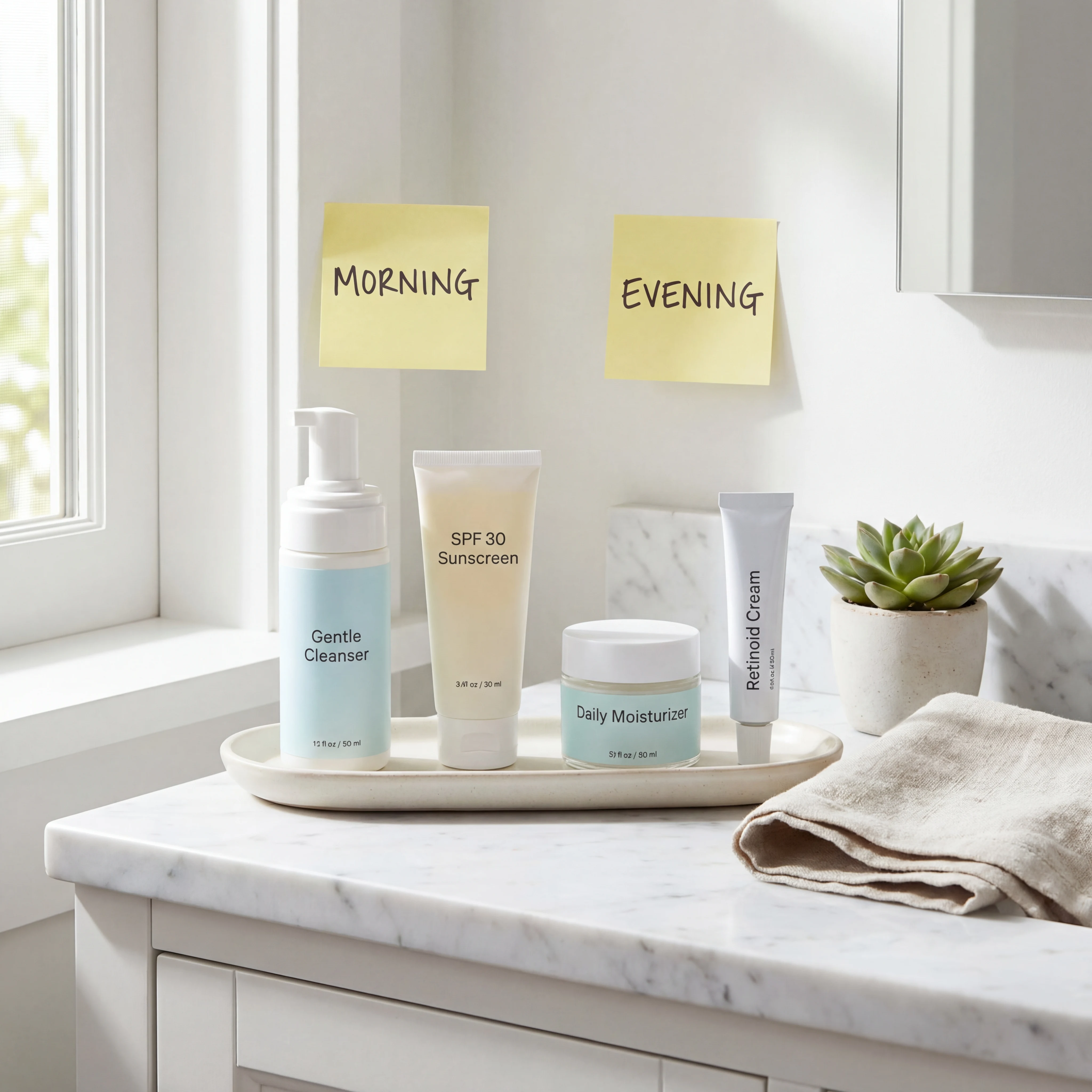 Daily acne-scar skincare routine products arranged in morning and evening order