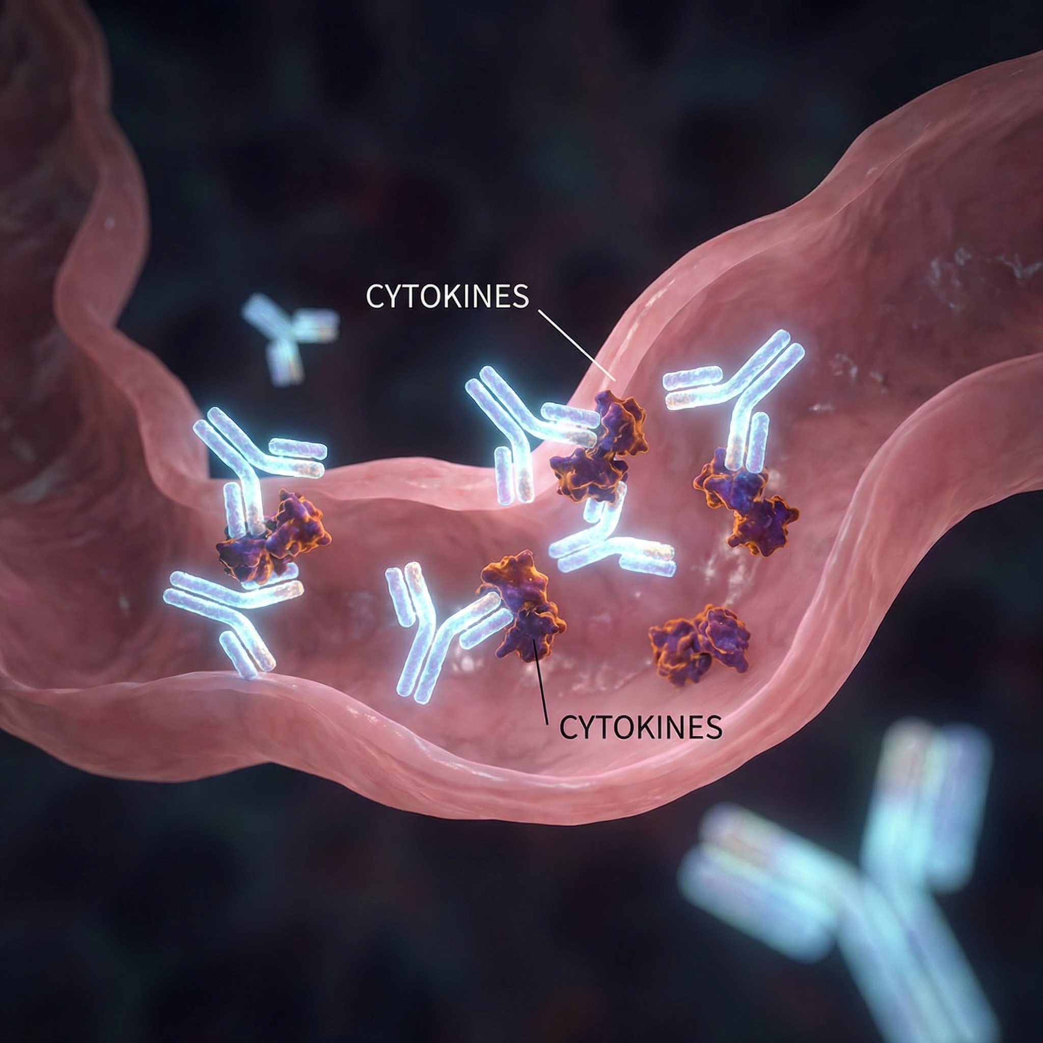 Medical illustration showing targeted biologic therapy molecules binding to inflammatory cytokines in intestinal tissue