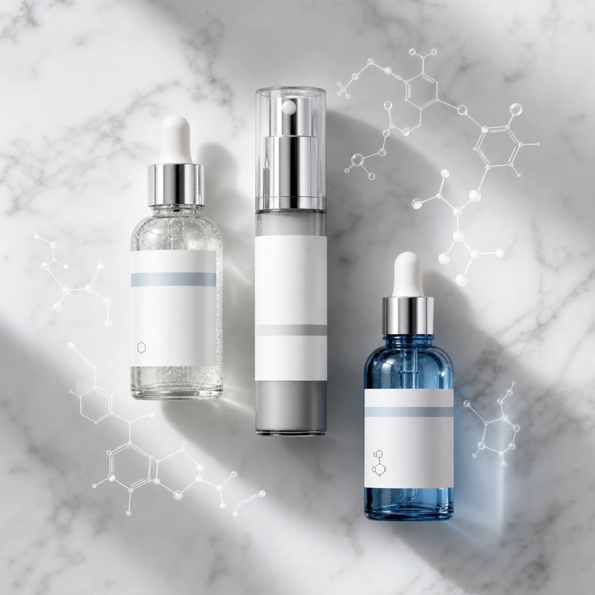Three peptide hair treatment serums representing Capixyl, Redensyl, and Procapil formulations