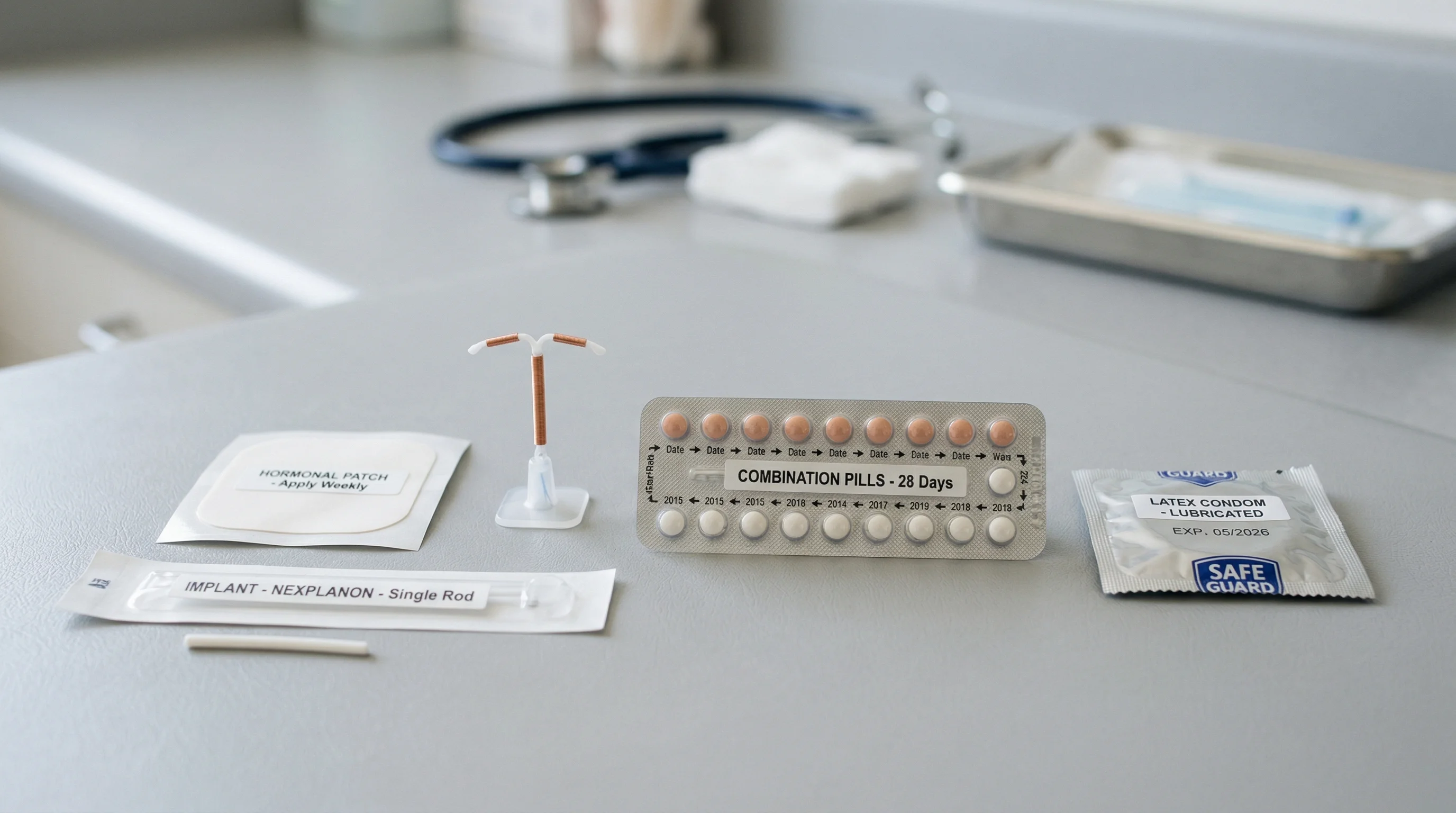 Various birth control methods including pills, IUD, implant, patch, and condoms arranged on a surface