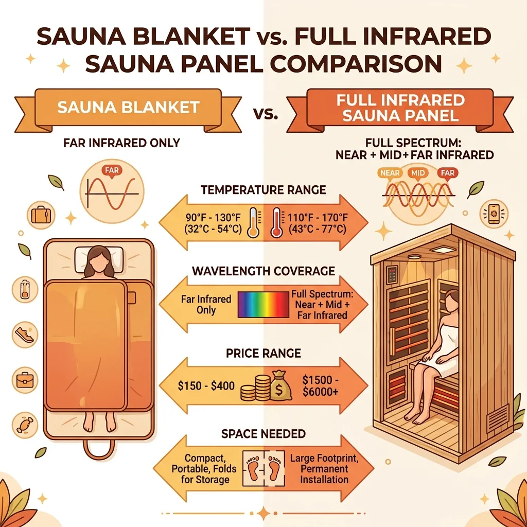 Comparison infographic of sauna blanket features versus full infrared sauna panel including wavelength coverage and temperature ranges