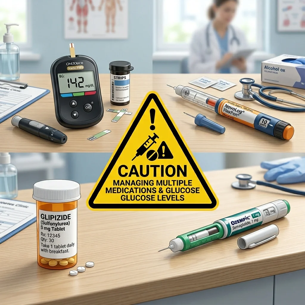 Blood sugar medicines arranged with a caution symbol
