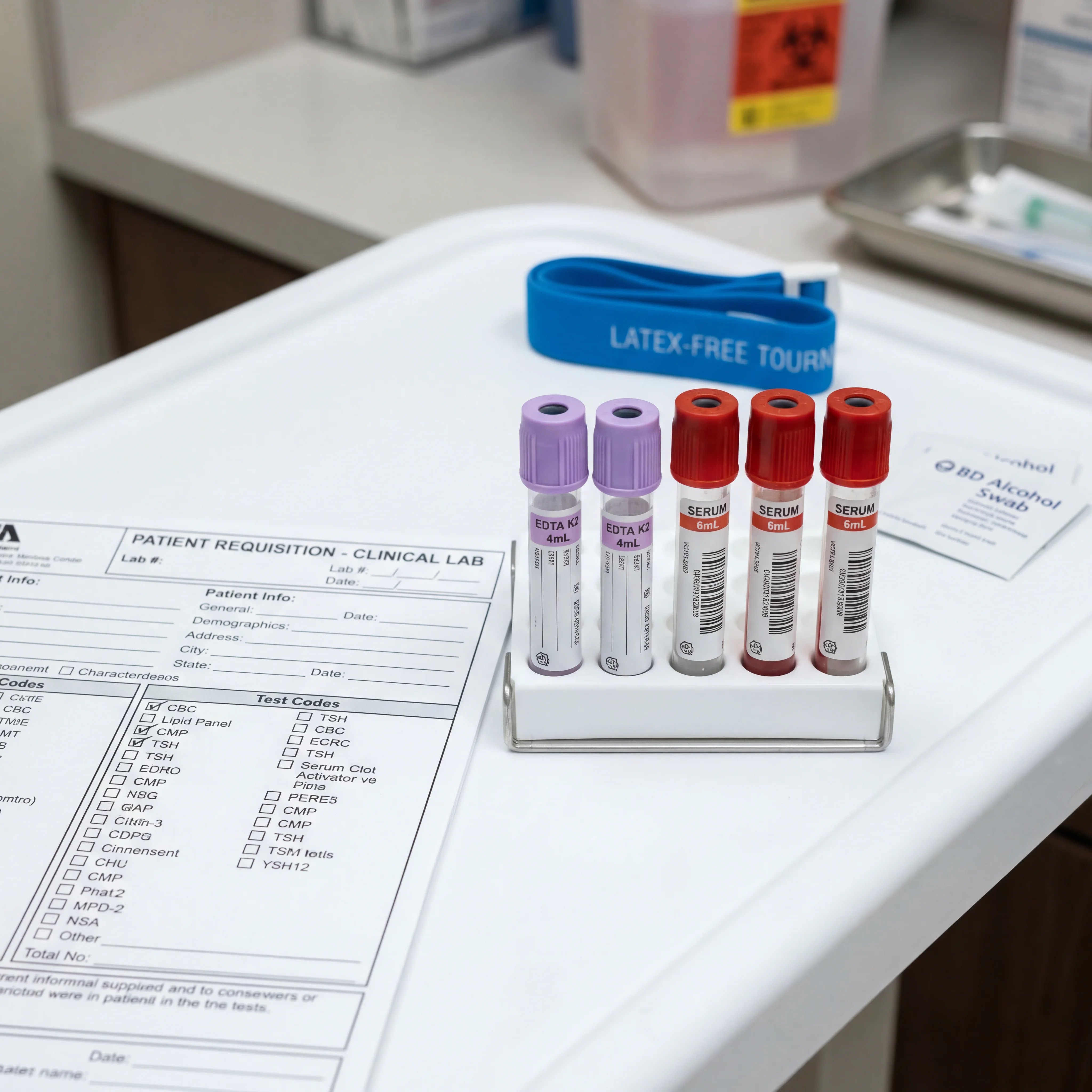 Close-up of labeled blood collection tubes next to a laboratory requisition form for an iron studies panel