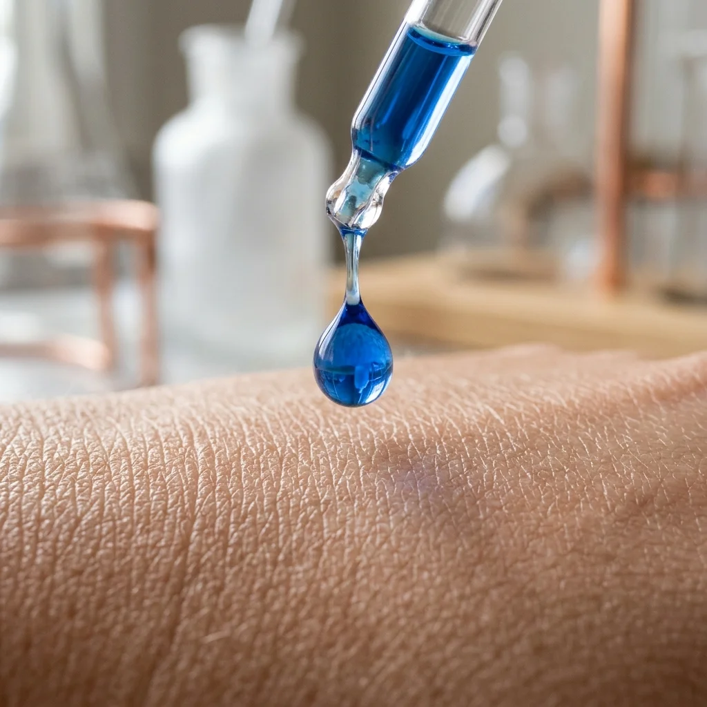 Blue copper peptide serum drop over a skin-texture surface