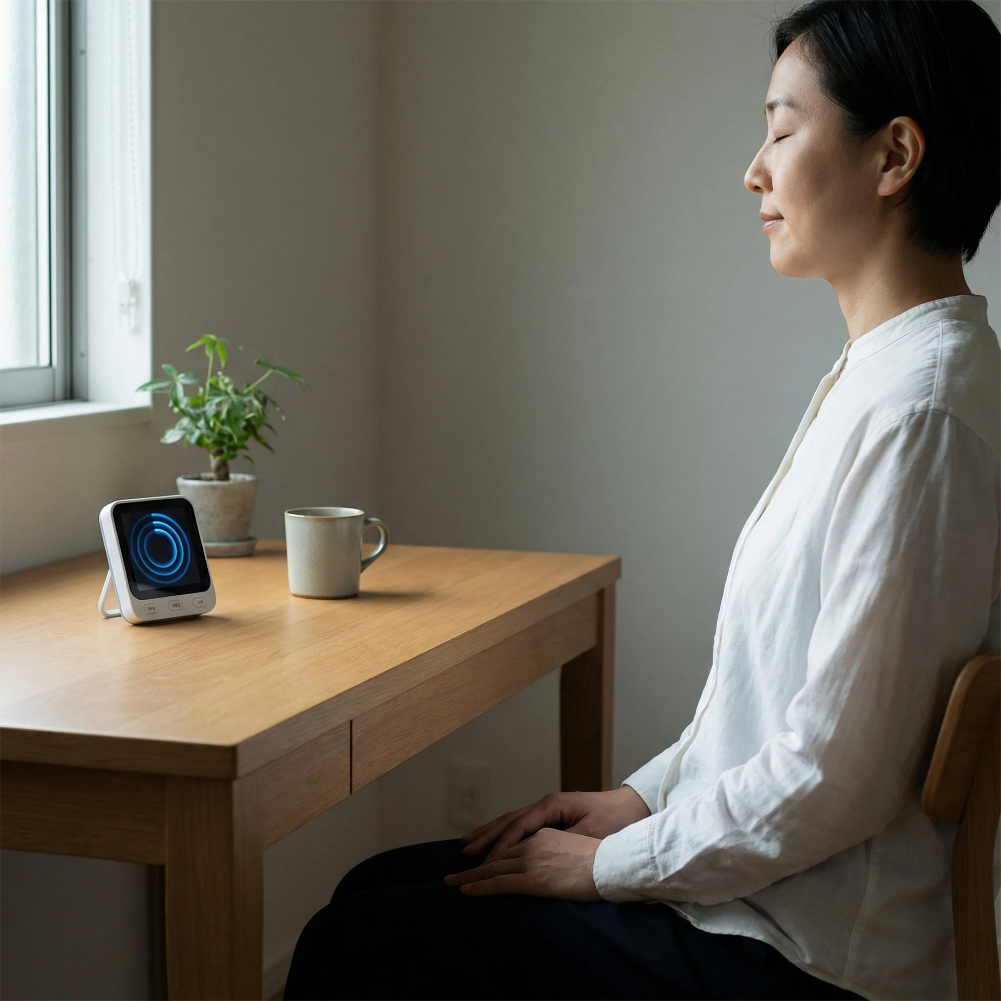 Adult practicing box breathing at a desk beside a visual breathing timer in soft morning light.