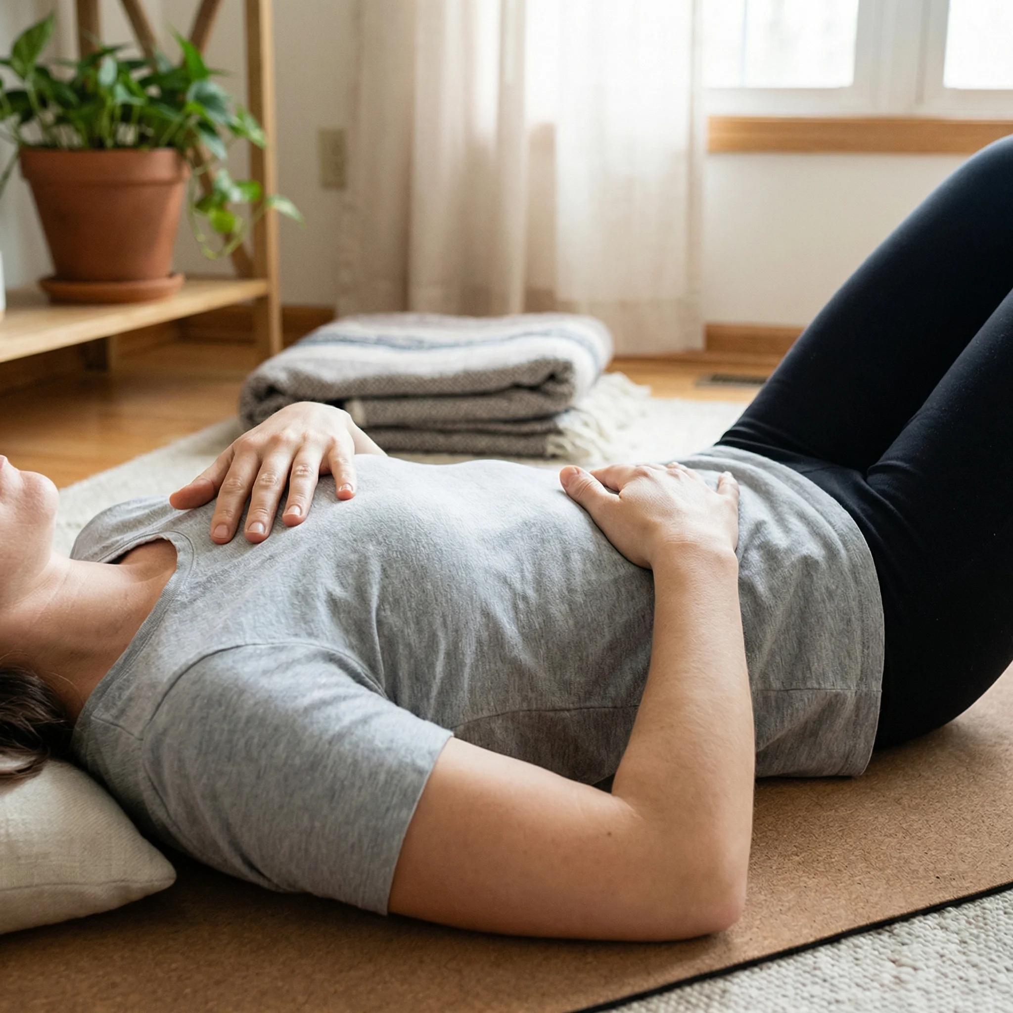 Demonstration of diaphragmatic breathing with one hand on the chest and one on the abdomen while lying on a mat.