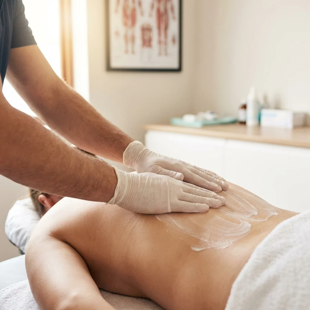 Step-by-step illustration showing proper technique for applying topical cream to the lower back area