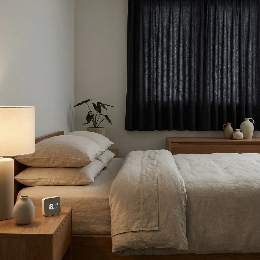 Sleep-friendly bedroom with cool lighting, blackout curtains, and comfortable breathable bedding