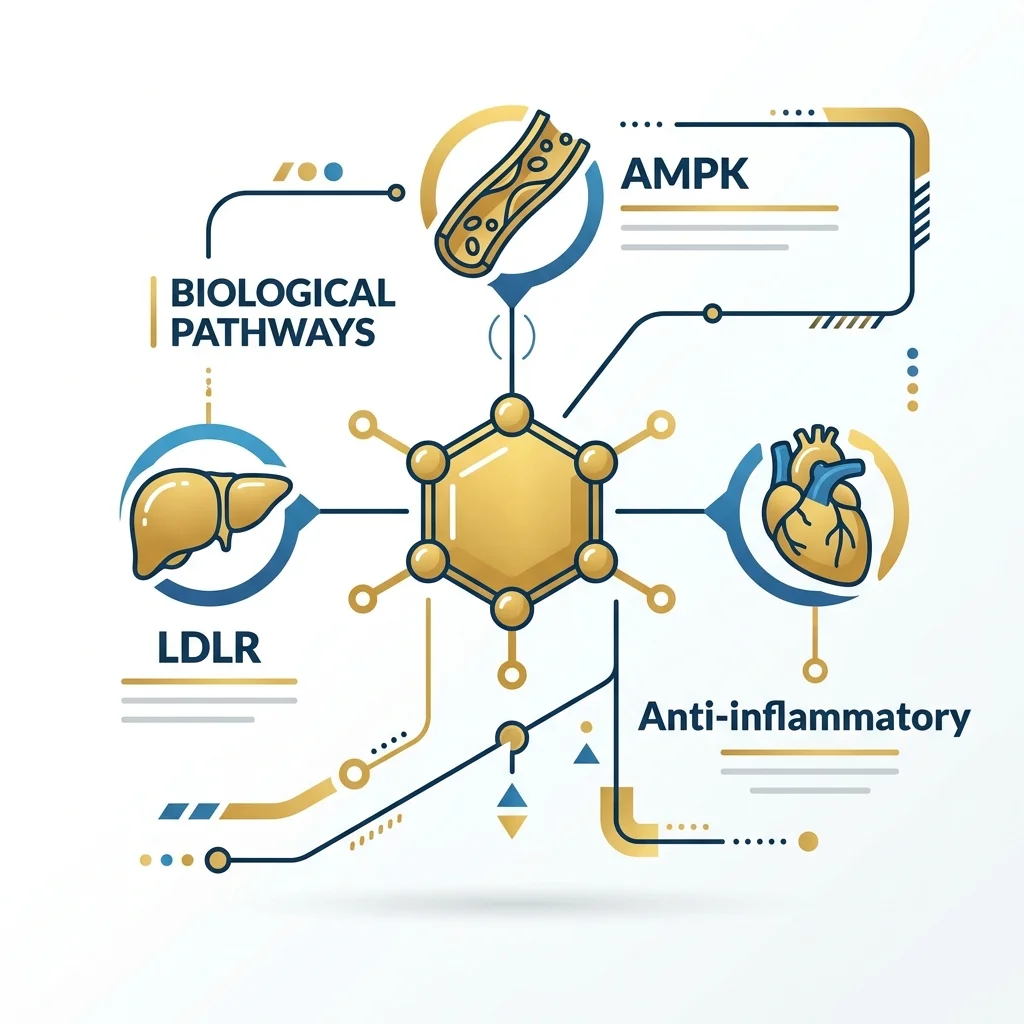 Infographic showing berberine's multiple cardiovascular pathways including LDLR upregulation, AMPK activation, and nitric oxide production