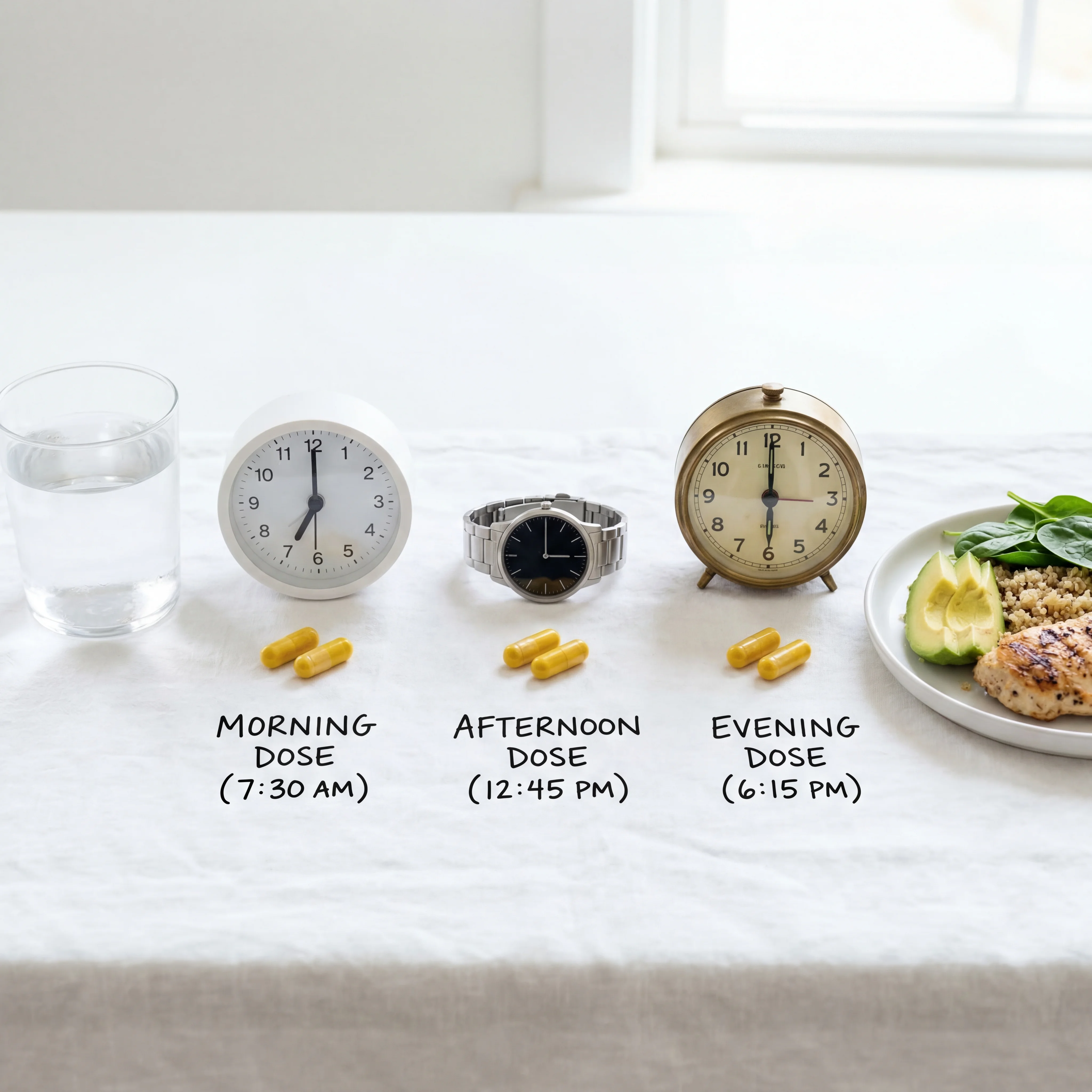 Visual guide showing recommended berberine dosing schedule with timing relative to meals