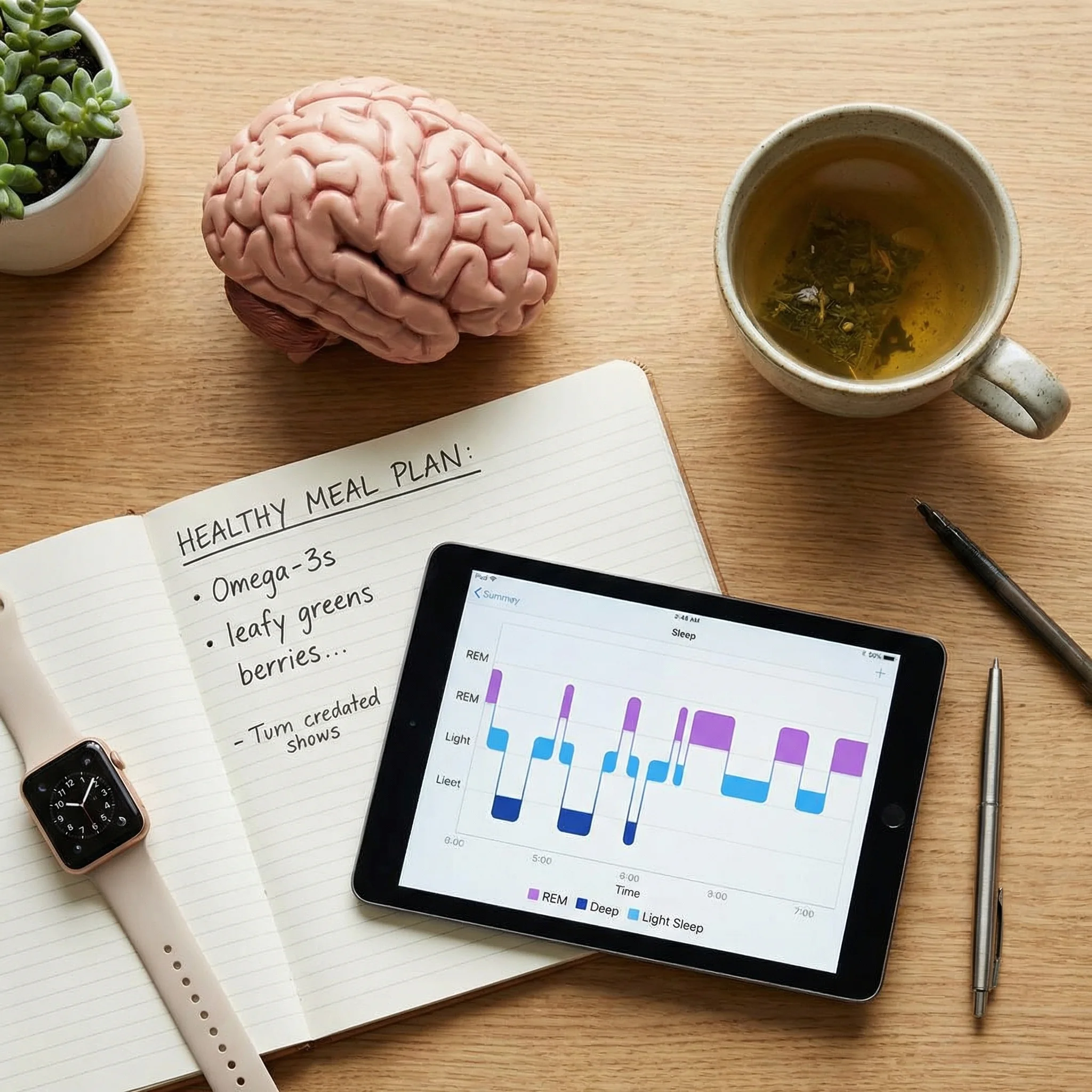 Desk setup with brain model, notebook, and wearable sleep metrics representing brain anatomy and daily tracking