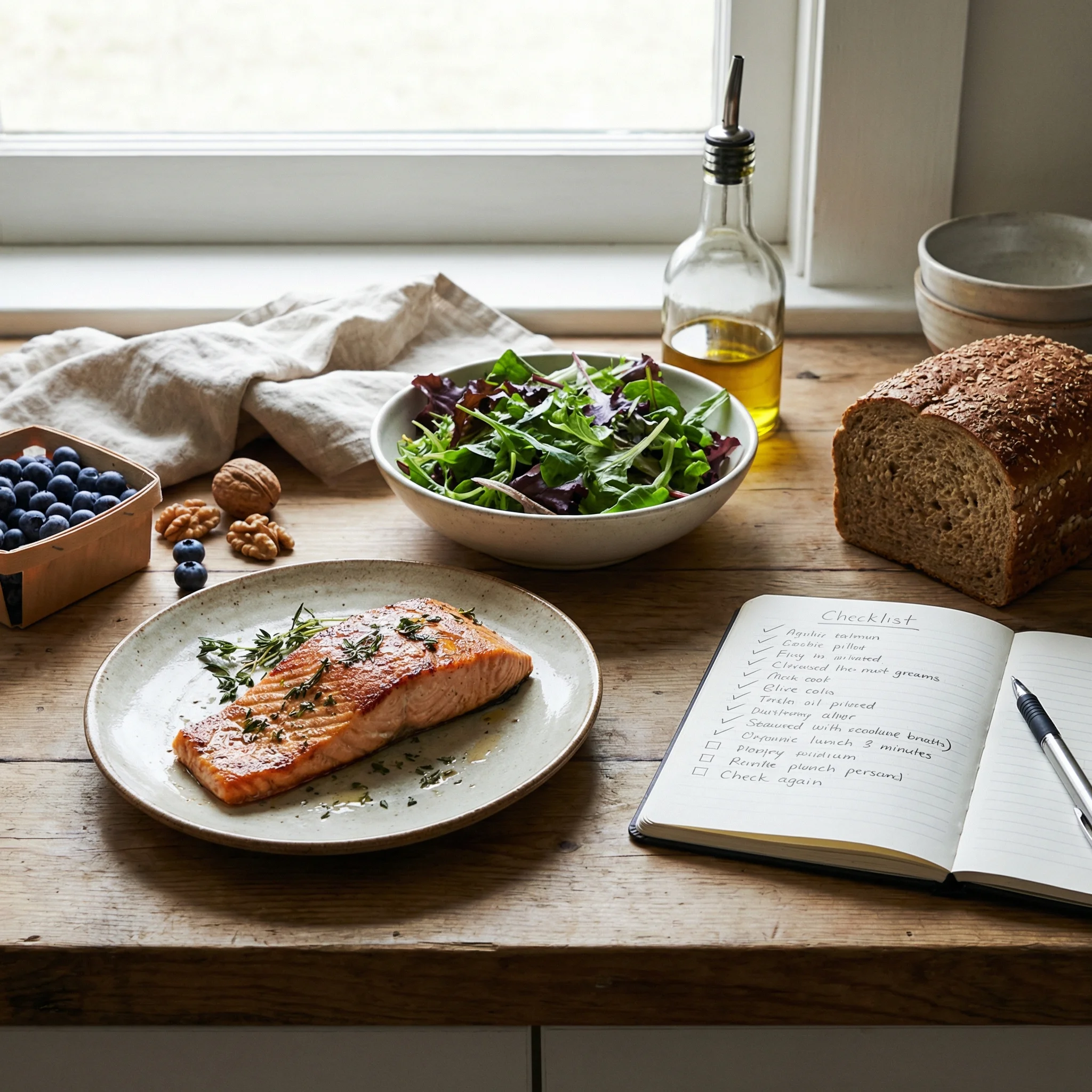 Brain-supportive foods including salmon, berries, leafy greens, nuts, and olive oil on a kitchen counter