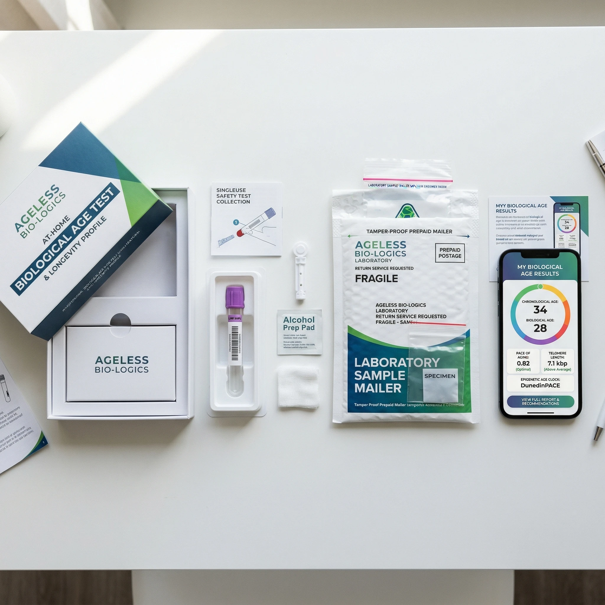 Step-by-step illustration showing the journey from ordering a biological age test kit to receiving results