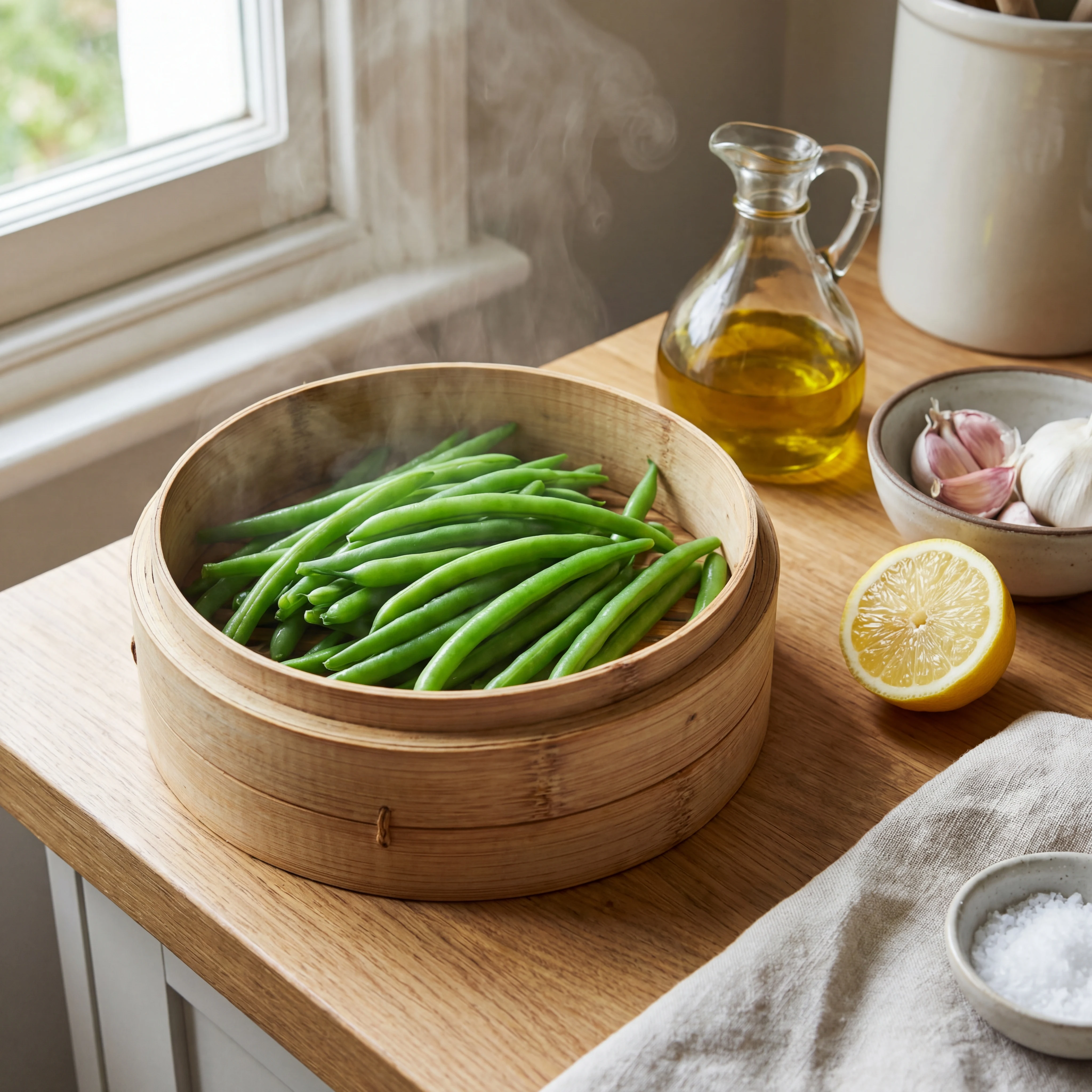 Steaming green beans in a basket with lemon and garlic nearby