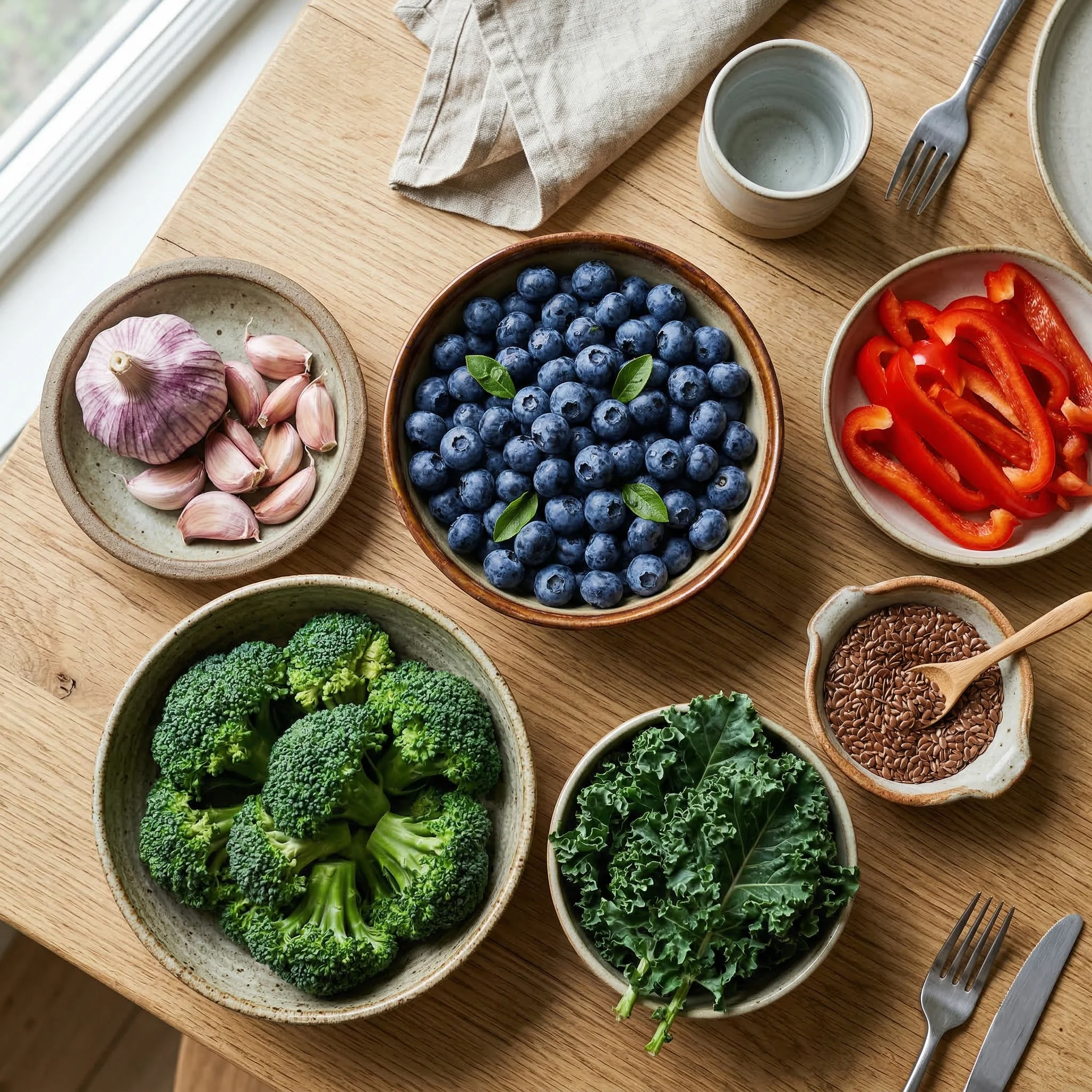 Colorful arrangement of detoxification-supporting foods including garlic, broccoli, berries, and leafy greens